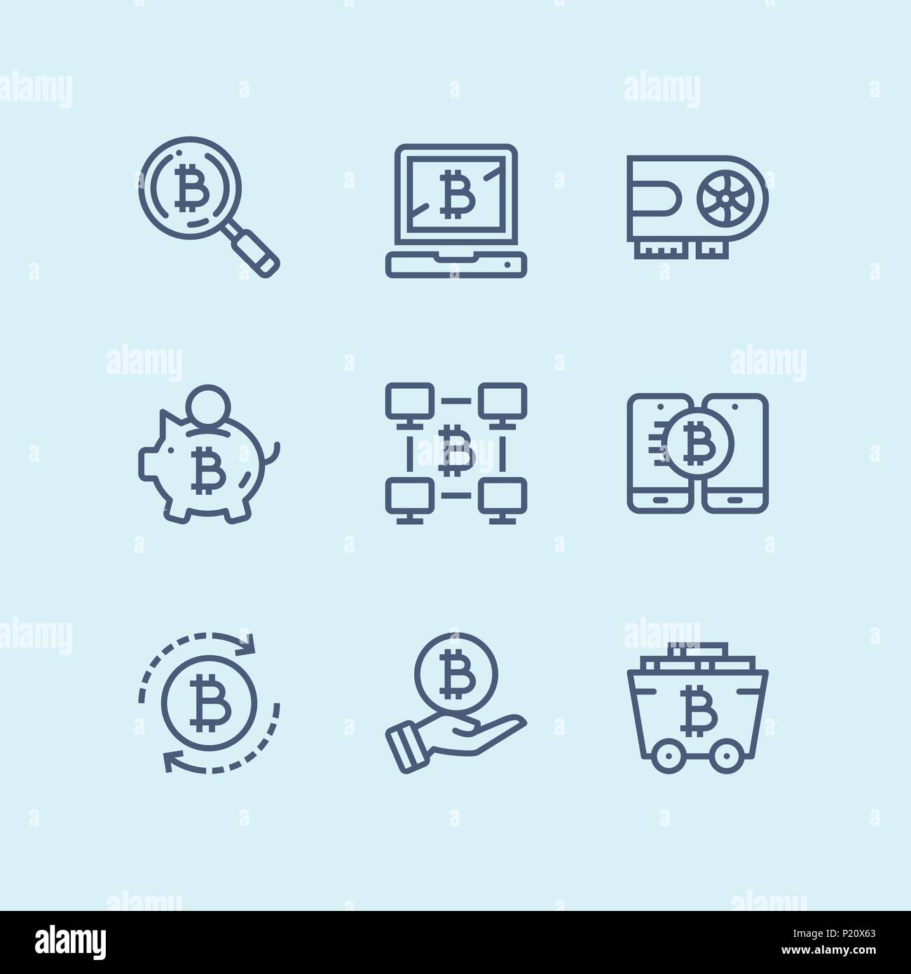 Contours, blockchain Cryptocurrency bitcoin, l'exploitation minière, de l'argent numérique simple vecteur icônes pour le web et les terminaux mobiles pack 2 Illustration de Vecteur