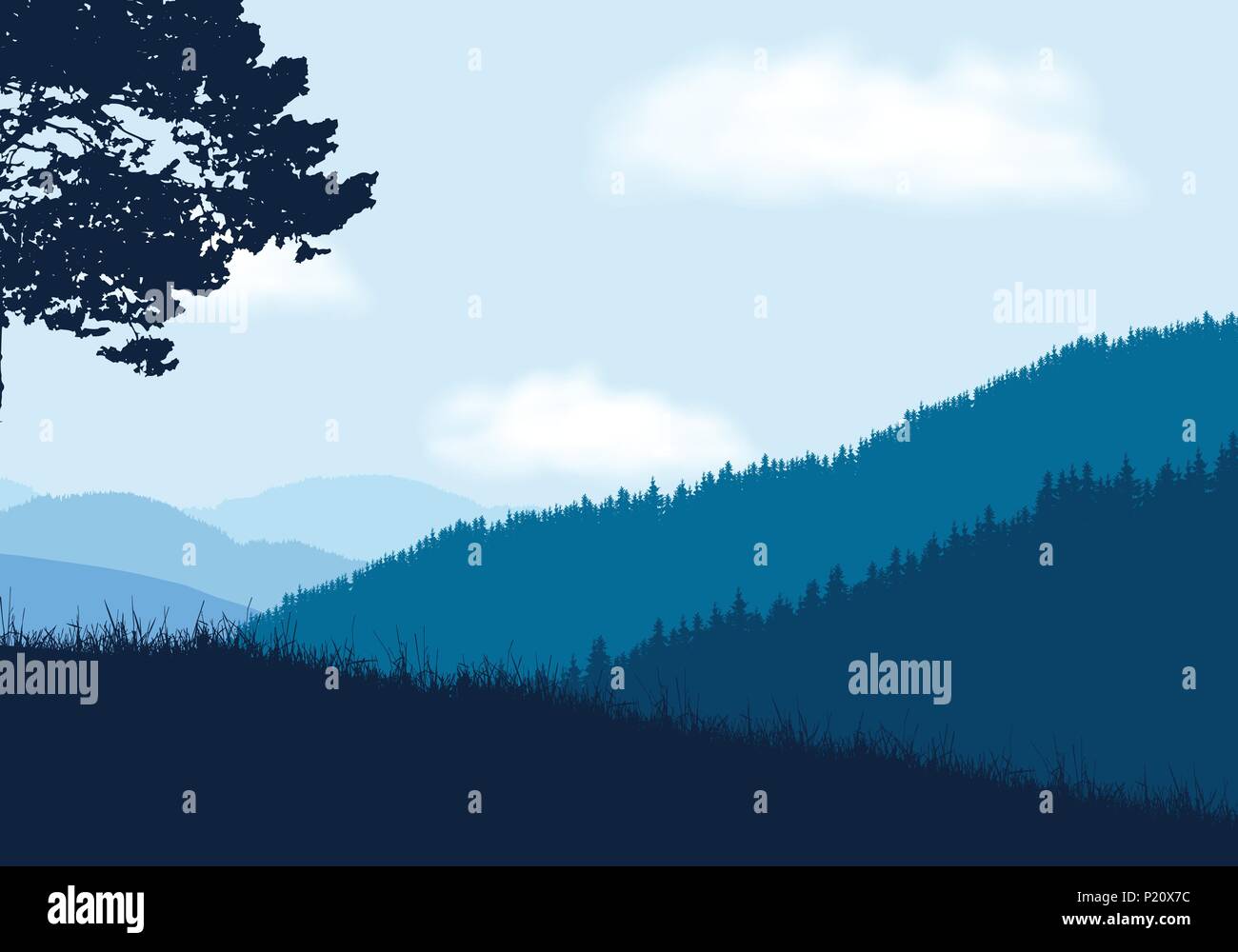 Paysage de montagne avec forêt et colline avec de l'herbe en premier plan dans le cadre de ciel bleu avec des nuages - vector Illustration de Vecteur