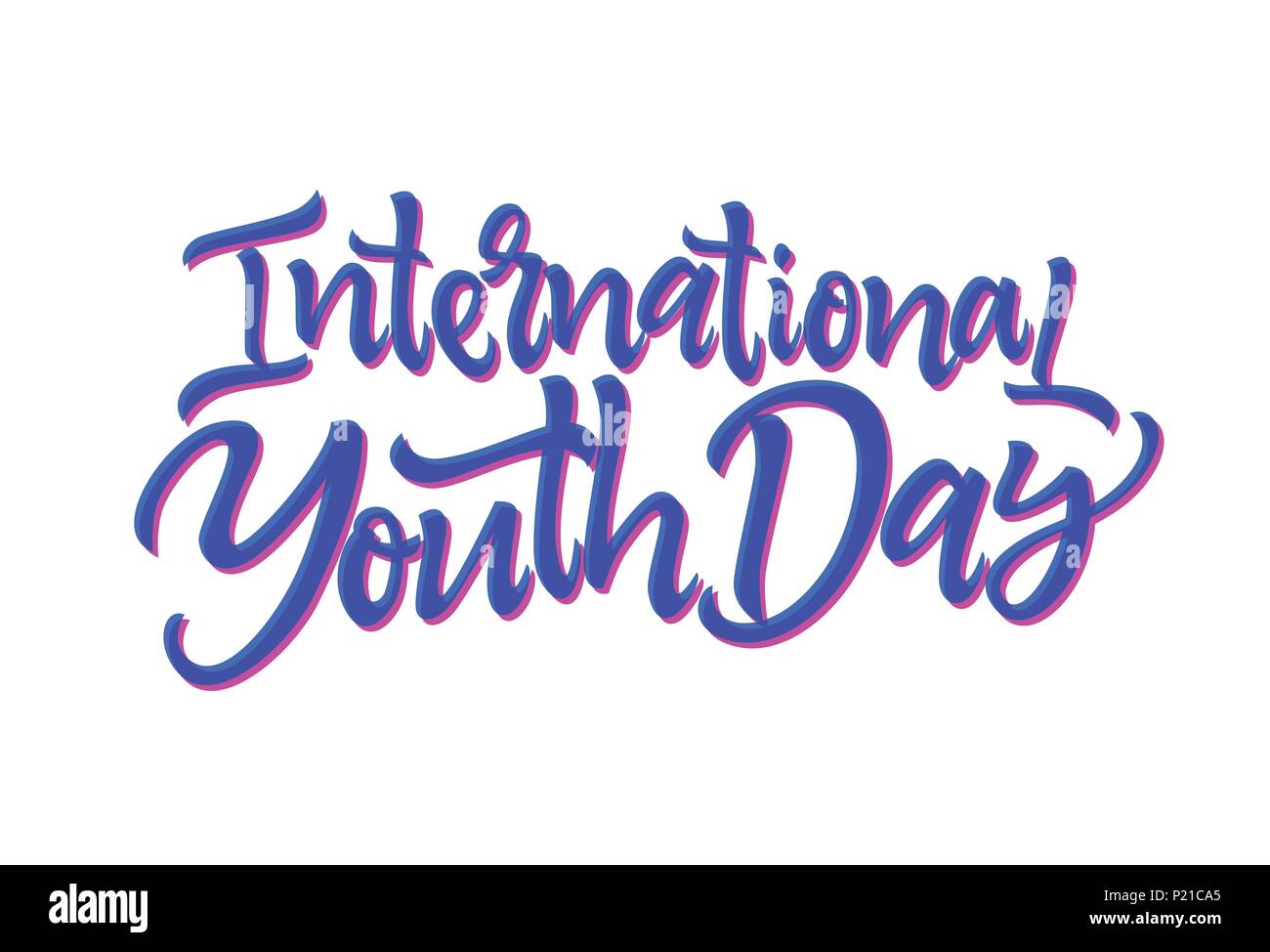La Journée internationale de la jeunesse - vector hand drawn pinceau lettrage. Texte bleu et rose sur fond blanc. Calligraphie de haute qualité pour l'invitation, prin Illustration de Vecteur