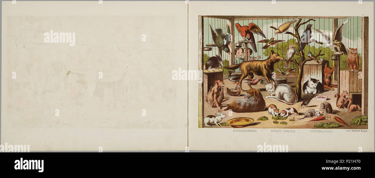 . Iconomanie, Zoo de maken de kinderen een prentenboek. Plakalbum lithografieën oblongue rencontré gekleurde rencontré daarop witte plekken, uitgeknipte od weer een gekleurde figuren geplakt. Bevat onder meer visuels van een gecostumeerd fuifden, een overdekte markt, een boerderij, speelgoed, een kooi vol dieren, un soldatenkamp. Op de voorkant dans sierletters staan rood, groen en zwart. 6 bl. pl. lithogr gekl : // Volgens Brinkman zijn verschenen reeksen 2 : 'Per reeks van gelithograph 8. pltn. Dans kleuren f 1,20' // Lithografieën porte gedrukt Emrik & Binger // Onderschriften en nederlands, Frans en Banque D'Images