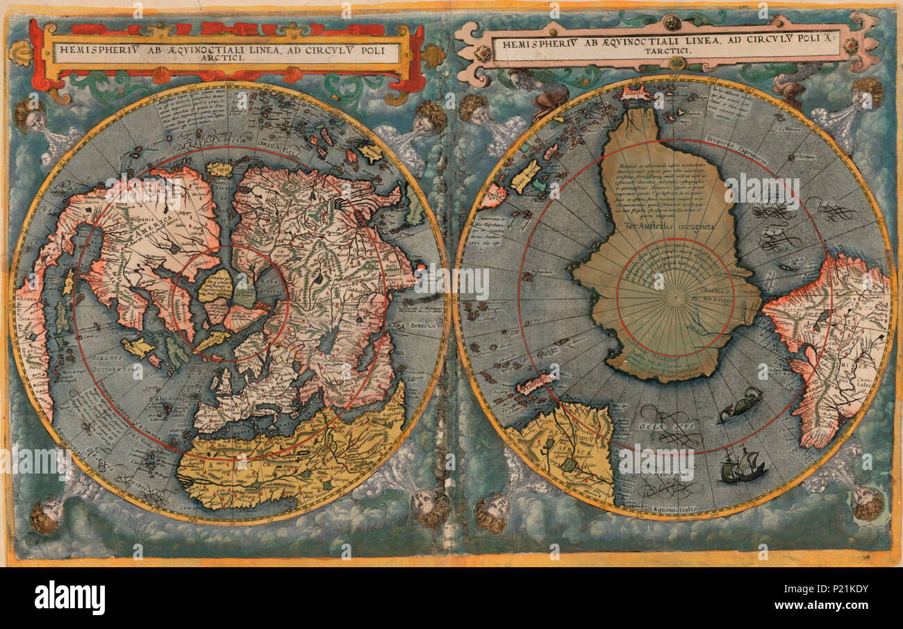 . Norsk bokmål : Nasjonalbibliotekets kartsamling de Kart. Kartet er gitt ut i Antwerpen (1593) og'Verdenskart. avant 1593. de Jode, Cornelis 146 Hemisperium aequinoctiali ab linea, ad circulum poli antarctici - pas-nb krt 00923 Banque D'Images