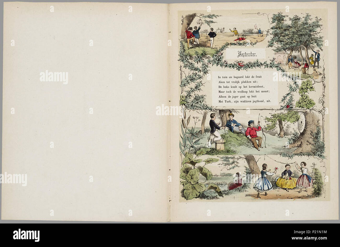 . De twaalf mois dans versjes en platine / S.J. porte de la Montagne. Prentenboek au fil de mois van het jaar, a rencontré l'toonlitho dans wit en beige, verder met de côté ingekleurd. Er staan meerdere visuels op een blad, gescheiden takken (porte- en bloemen)randen. Bevat onder meer van arbeid du plateau (smeden, houtzagen ijspret, spinnen), un dijkdoorbraak kinderspel,,, een grote kudde koeien, bloemkransjes maken, koren maaien, zwemmen, een hooiwagen, boogschieten, wijn maken, een theatre rencontré verklede honden, soldaten, een moeder leest voor het, sinterklaasfeest rencontré veel speelgoed. De rijmende tek Banque D'Images