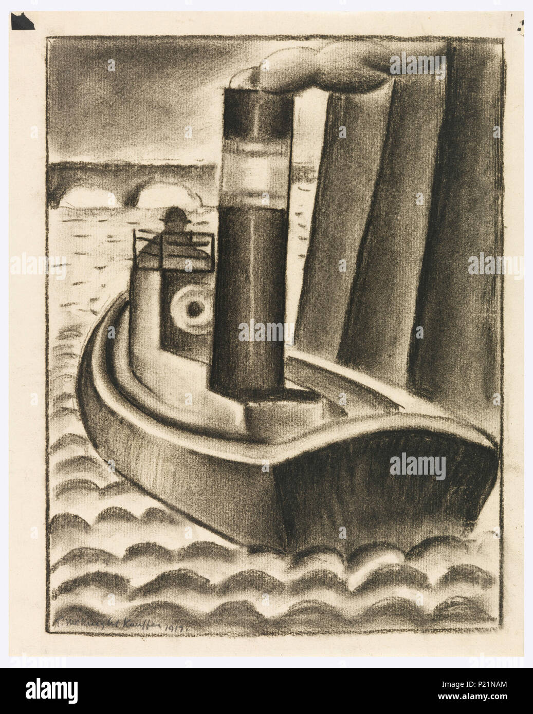 . Anglais : dessin, un London River Boat, 1919 . Anglais : un petit bateau à vapeur est vue de l'arrière près d'un cluster de pilotis sur la gauche. Dans l'arrière-plan, les arches d'un pont. Rendu dans l'eau modèle pétoncles réguliers . 1919 98 Dessin, UN London River Boat, 1919 (CH) 18448841 Banque D'Images