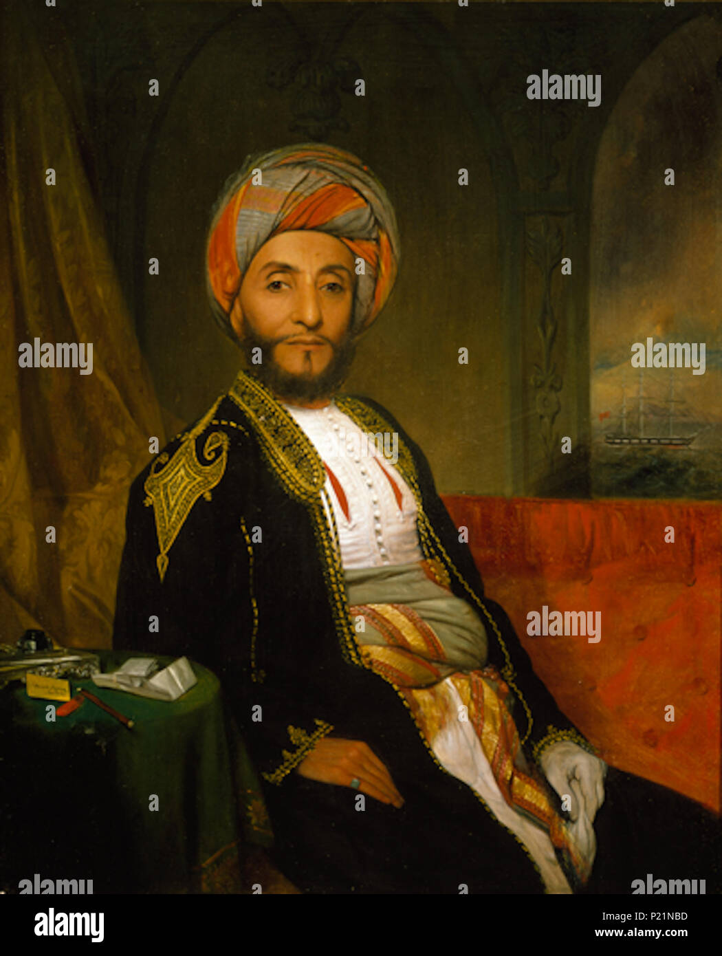 . Anglais : Ahmad bin Naaman a été le premier pays arabe et ambassadeur auprès de l'Omanais nous. . 1840. Edward L. Mooney (1813-1887) Alternative Names Edward L. Mooney Description American portrait painter Date de naissance/décès 1813 1887 Lieu de naissance/décès New York Upper Red Hook, New York 1835 période de travail- Contrôle d'autorité : Q18511850 : 95698485 VIAF ULAN : 50000291810 Ahmad bin Al Kaabi Naaman Banque D'Images