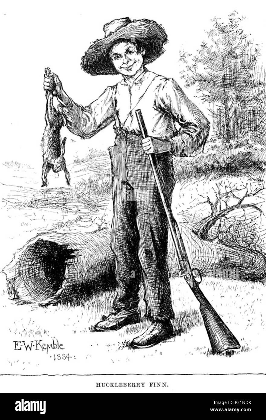 . Anglais : Dessin d'Huckleberry Finn avec un lapin et un fusil, de l'original 1884 édition du livre. 哈克貝利及一隻兔子和槍的畫作。 . 1884. E.w. Kemble (1861-1933) 152-Huckleberry Finn-avec-lapin Banque D'Images