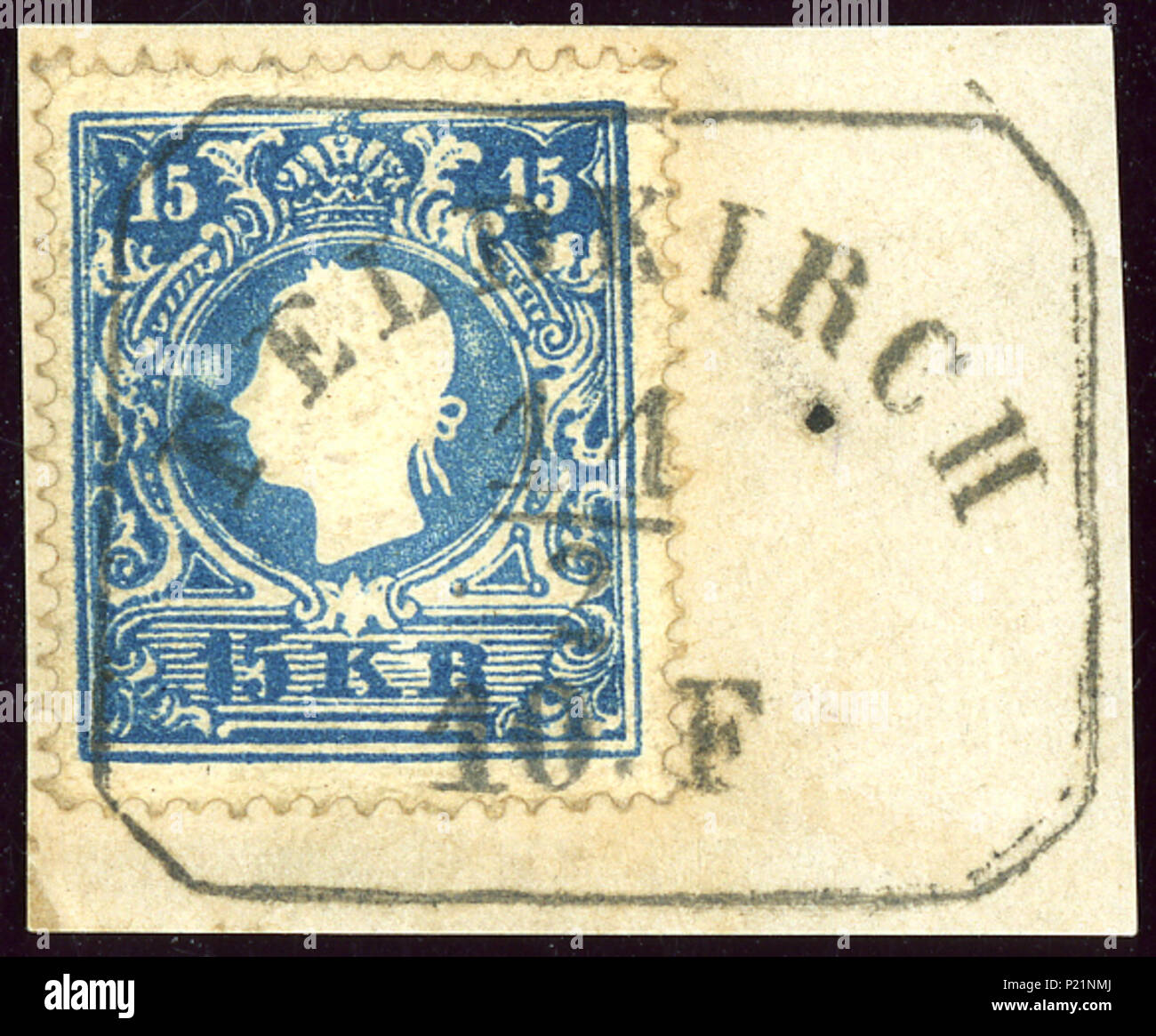 . Anglais : KK Autrichien 15 Kreuzer stamp, numéro 1859, de type II, frame annulé à Feldkirch, Vorarlberg, Autriche. 4 janvier 2014, 10:46:25. Jacquesverlaeken 21859 KK 15Kr Feldkirch Banque D'Images