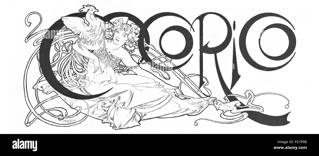 . English : Alphonse Mucha, graphisme et illustration de titre pour le magazine Cocorico . 17 juillet 2014, 21:28:26. Alphonse Mucha 63 Cocorico titre Mucha Banque D'Images