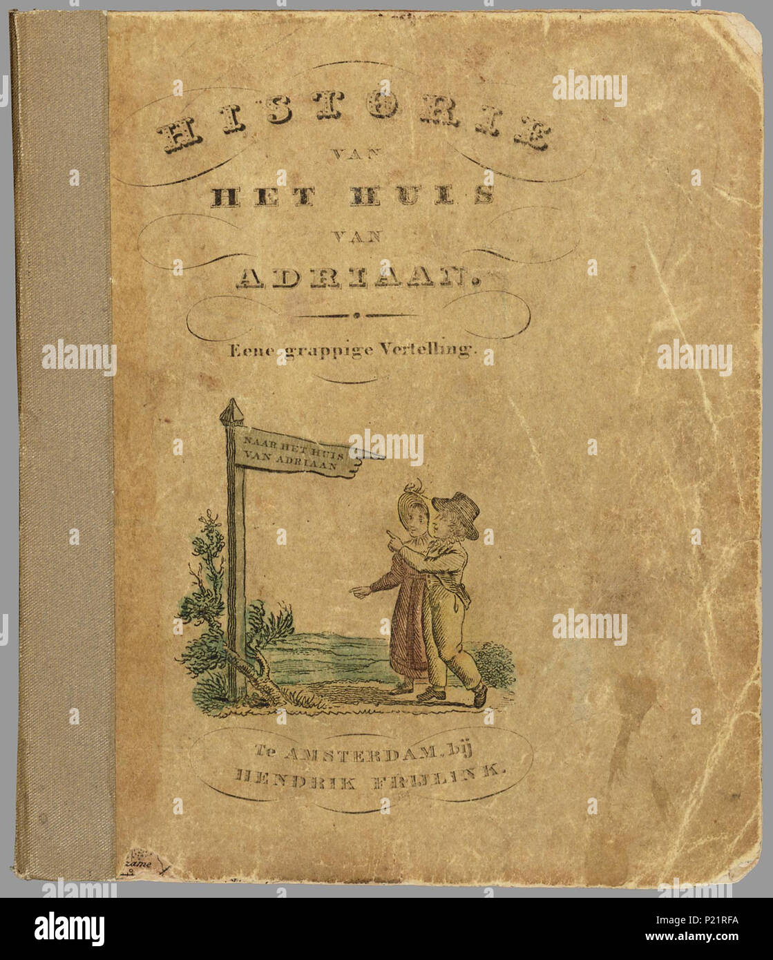 . Historie van het huis van Adriaan : eene grappige vertelling (1834). Prentenboek, afgeleid van het 18e-eeuwse Franse bakerrijm «La chambre que Jack construit', waarin steeds een dier de persoon wordt ajoutés aan het verhaal, dat begint met een rat, dan volgen de Kat, de hond, de Koe, de dochter van Hillegond, de Haan, de vos, Filip rencontré Den Hoorn, het paard en de Stal. Bevat 12 bladen rencontré handgekleurde gravures met een steeds uitgebreidere rijmende tekst er onder. Bl : handgekleurde 12 gravures // De keerzijde der bladen est onbedrukt // Ingekleurd : f 0,55 ; rencontré gekl. pl. f 0,70 Prentenboeken Banque D'Images