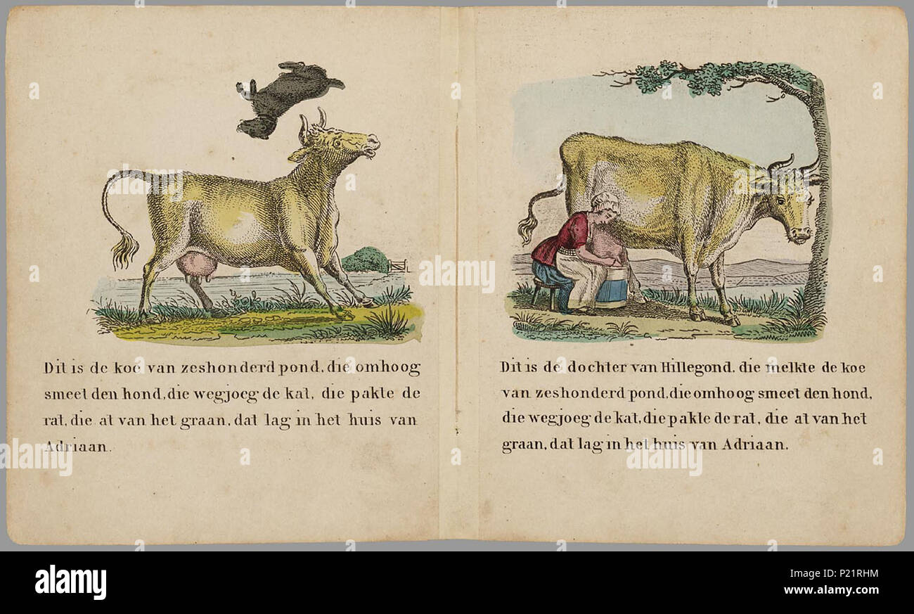 . Historie van het huis van Adriaan : eene grappige vertelling (1834). Prentenboek, afgeleid van het 18e-eeuwse Franse bakerrijm «La chambre que Jack construit', waarin steeds een dier de persoon wordt ajoutés aan het verhaal, dat begint met een rat, dan volgen de Kat, de hond, de Koe, de dochter van Hillegond, de Haan, de vos, Filip rencontré Den Hoorn, het paard en de Stal. Bevat 12 bladen rencontré handgekleurde gravures met een steeds uitgebreidere rijmende tekst er onder. Bl : handgekleurde 12 gravures // De keerzijde der bladen est onbedrukt // Ingekleurd : f 0,55 ; rencontré gekl. pl. f 0,70 Prentenboeken Banque D'Images