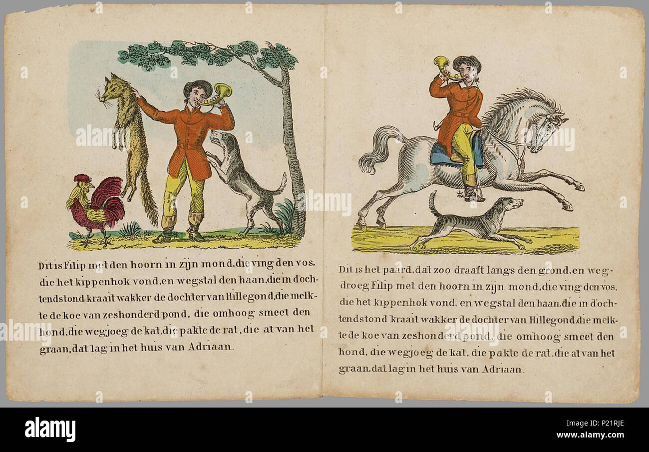 . Historie van het huis van Adriaan : eene grappige vertelling (1834). Prentenboek, afgeleid van het 18e-eeuwse Franse bakerrijm «La chambre que Jack construit', waarin steeds een dier de persoon wordt ajoutés aan het verhaal, dat begint met een rat, dan volgen de Kat, de hond, de Koe, de dochter van Hillegond, de Haan, de vos, Filip rencontré Den Hoorn, het paard en de Stal. Bevat 12 bladen rencontré handgekleurde gravures met een steeds uitgebreidere rijmende tekst er onder. Bl : handgekleurde 12 gravures // De keerzijde der bladen est onbedrukt // Ingekleurd : f 0,55 ; rencontré gekl. pl. f 0,70 Prentenboeken Banque D'Images