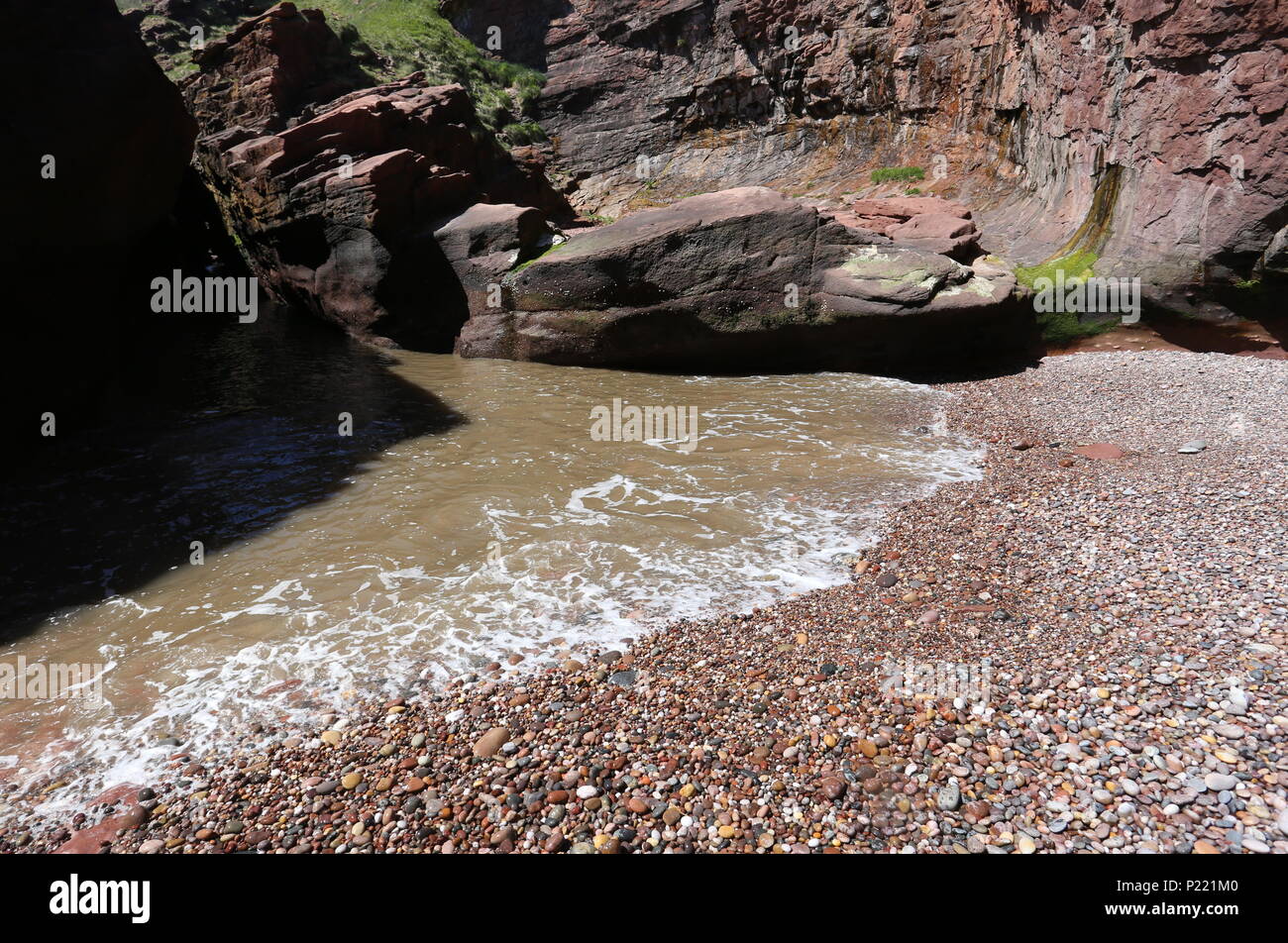 Petite plage entourée de falaises avec cliff Seaton Angus Scotland Juin 2018 Banque D'Images