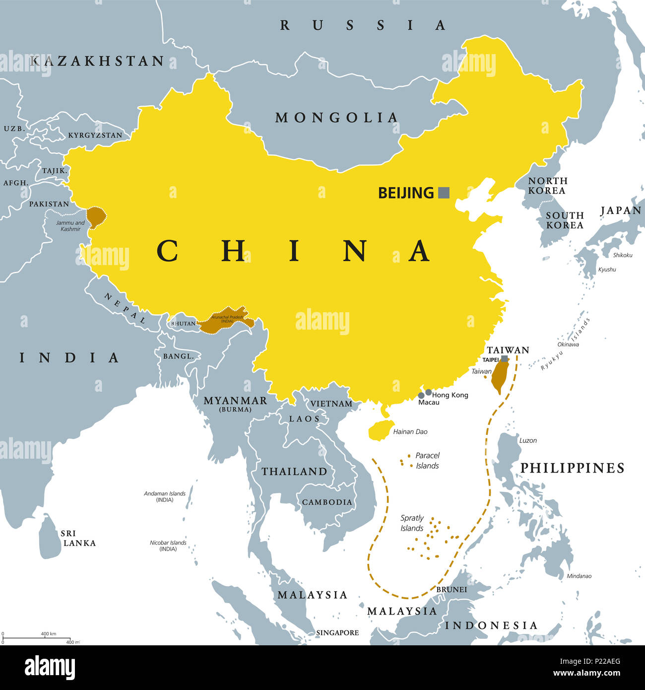 République populaire de Chine, République populaire de Chine, gris. Zone contrôlée par la Chine dans la couleur jaune, et réclamé, mais les régions non contrôlées indique la couleur marron. Banque D'Images