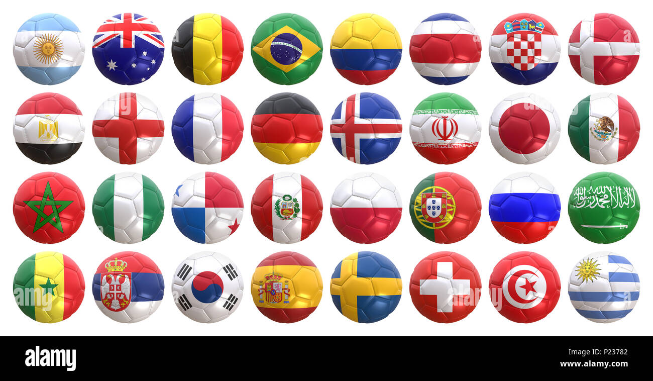 Le rendu 3D de toutes les équipes nationales qui jouent la coupe du monde de chapionship en Russie en 2018 avec le drapeau sur une boule Banque D'Images