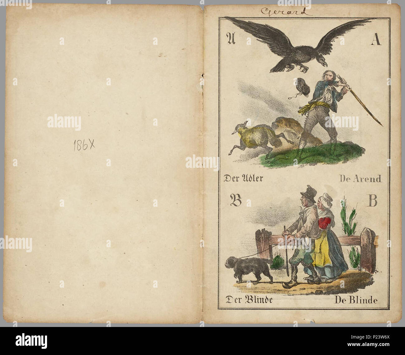 . Bilderfibel : Prenten AB Boek. Tweetalig Duits-Nederlands abc-boekje, waarbij alfabet gevolgd op het wordt base van de Duitse woorden en de Nederlandse vertaling ernaast staat. Bevat par page 2 handgekleurde litho's, van een arend, een blinde, een konijn, dromedaris, olifant, galeislaaf hoenderhof vreugde,,, jachthond, koe, luipaard, slager, nègre, ossenmarkt, paard, fontein, Redding, un plezierrit in een koets, dans aangeklede (muzikant rencontré aapjes), deugniet, verering (van een olifant), wandelaar (en bière), 'Ypsilanti', en banketbakster. Op de voorkant ongekleurde gedecoreerde een sier Banque D'Images