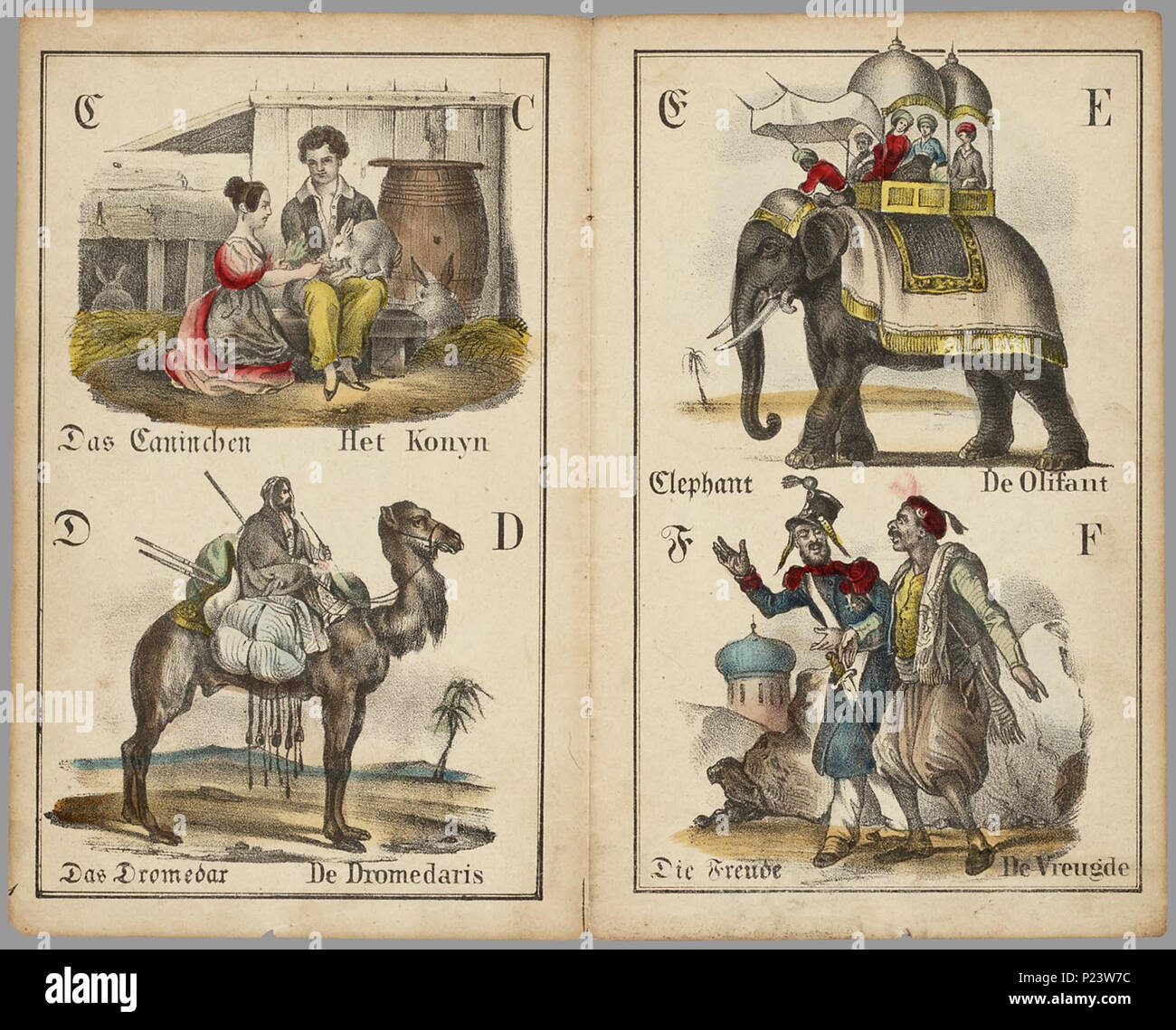. Bilderfibel : Prenten AB Boek. Tweetalig Duits-Nederlands abc-boekje, waarbij alfabet gevolgd op het wordt base van de Duitse woorden en de Nederlandse vertaling ernaast staat. Bevat par page 2 handgekleurde litho's, van een arend, een blinde, een konijn, dromedaris, olifant, galeislaaf hoenderhof vreugde,,, jachthond, koe, luipaard, slager, nègre, ossenmarkt, paard, fontein, Redding, un plezierrit in een koets, dans aangeklede (muzikant rencontré aapjes), deugniet, verering (van een olifant), wandelaar (en bière), 'Ypsilanti', en banketbakster. Op de voorkant ongekleurde gedecoreerde een sier Banque D'Images
