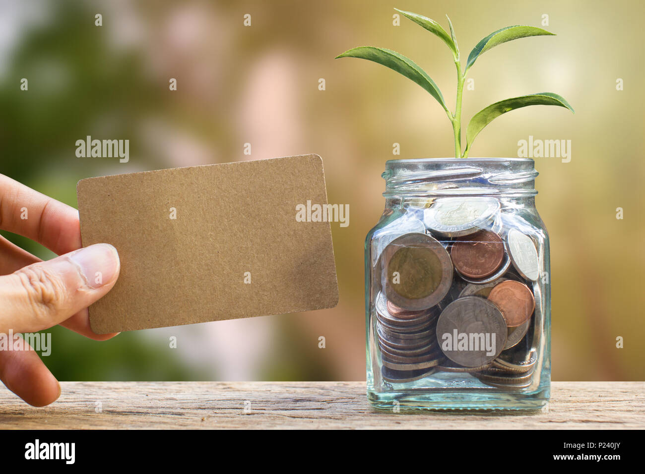 L'épargne et l'investir de l'argent gratuit. Carte conceptuelle hand holding brown près du bocal de verre sur fond nature. La croissance d'un placement d'entreprise concept. Enq Banque D'Images
