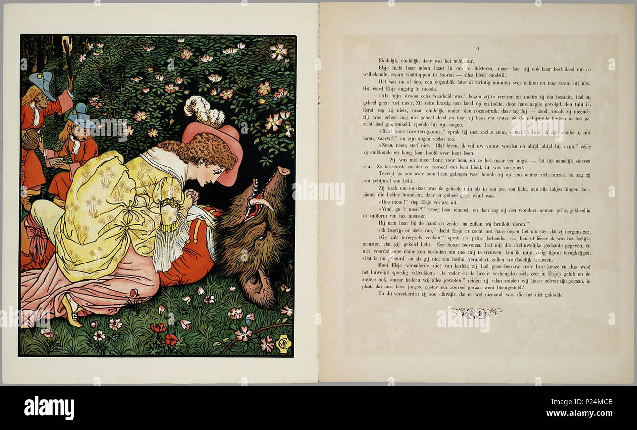 . Mooi Elsje / Agatha porte ; illustraties van Walter grue ; naar het sprookje van Jeanne-Marie Le Prince de Beaumont. Nieuwe serie // Vertaling van het in hetzelfde jaar dans Engeland verschenen boek met de schitterende houtgravures kleurendruk dans van Walter Crane, la société zonder vermelding van zijn naam op het omslag en een qua in a general sense stijl afwijkende illustratie op de voorkant. Bevat 6 kleurenplaten, waarvan twee sur een pagina's, gesigneerd met een kraanvogel en vvc. Het sprookje over de koopmansdochter en die houden van een een monster betoverde prins verscheen oorspronkelijk en 1 Banque D'Images