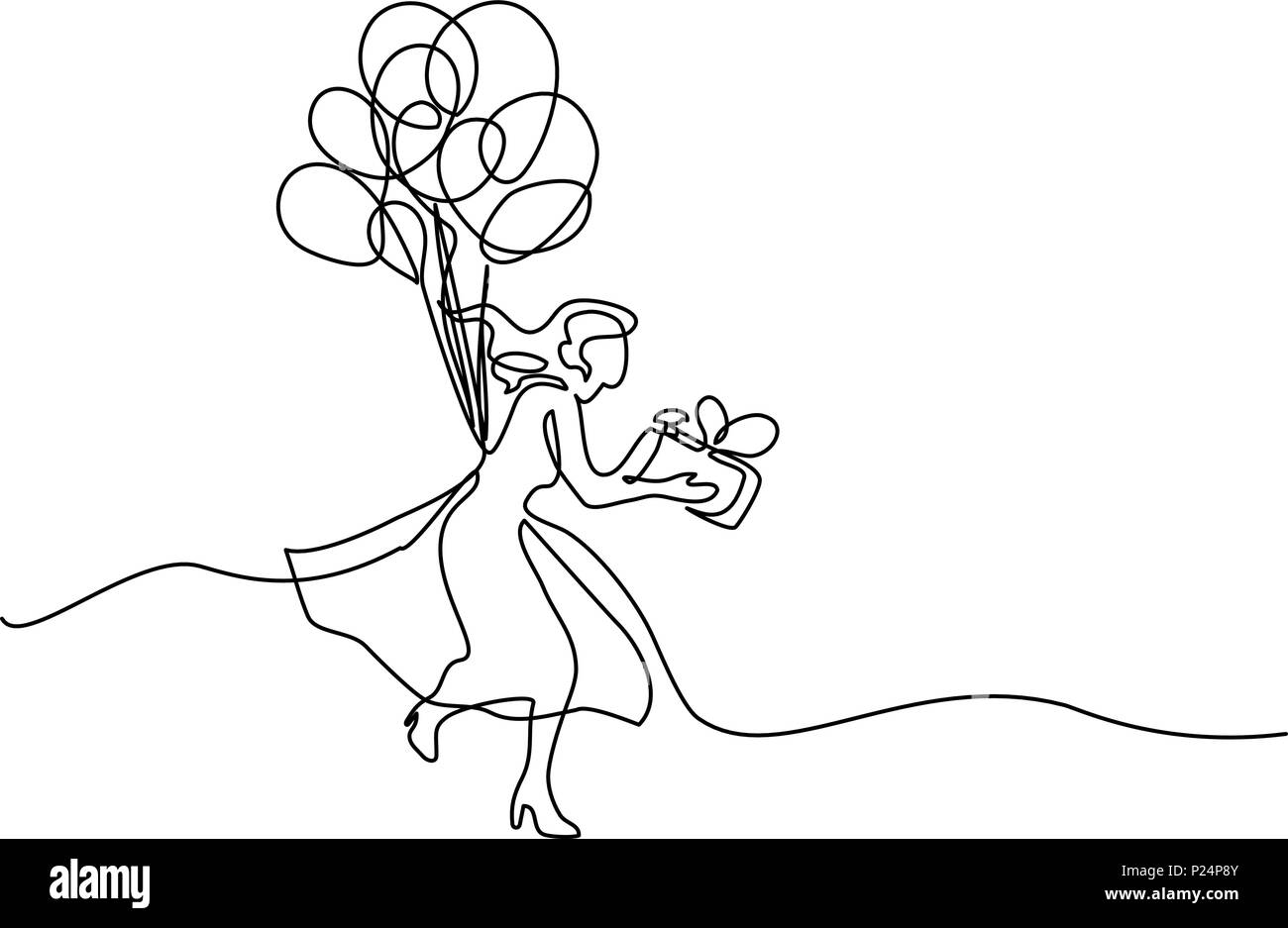 Woman holding gift box et de voler avec des ballons Illustration de Vecteur