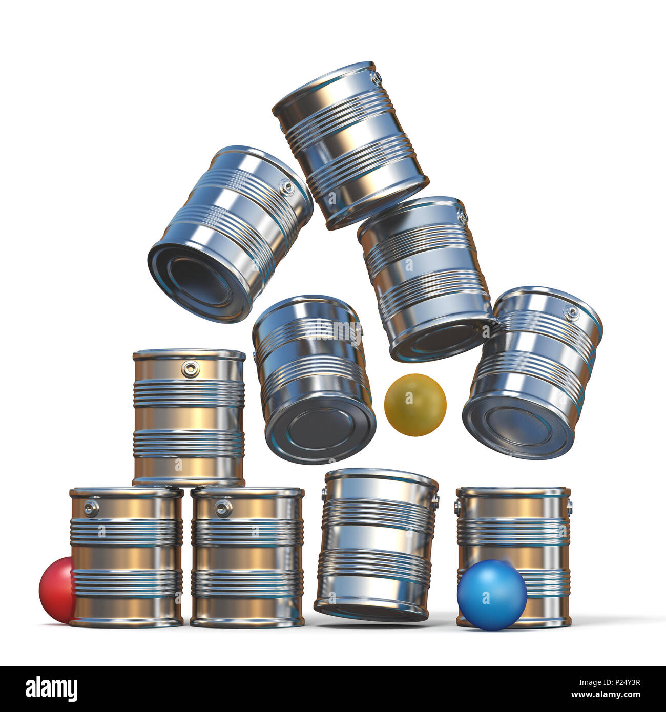 Tomber des boîtes en fer et trois boules 3D illustration isolé sur fond blanc Banque D'Images