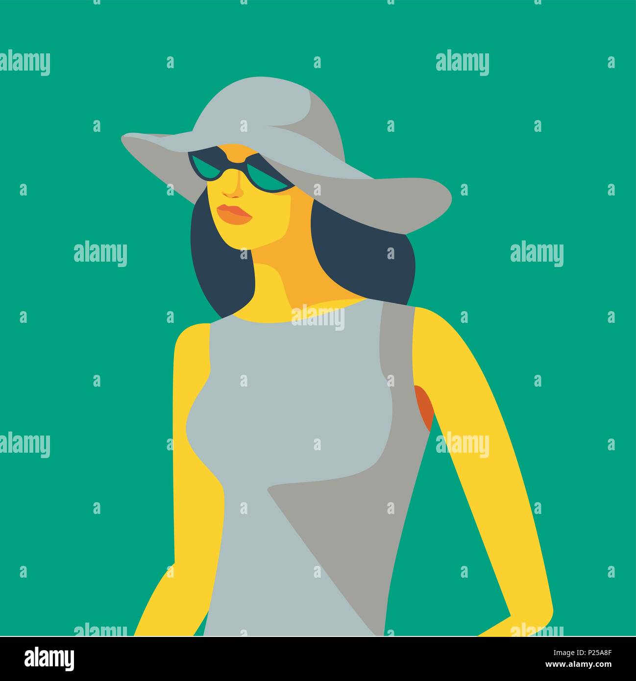 Femme en robe, chapeau et lunettes de soleil. Vector illustration Illustration de Vecteur