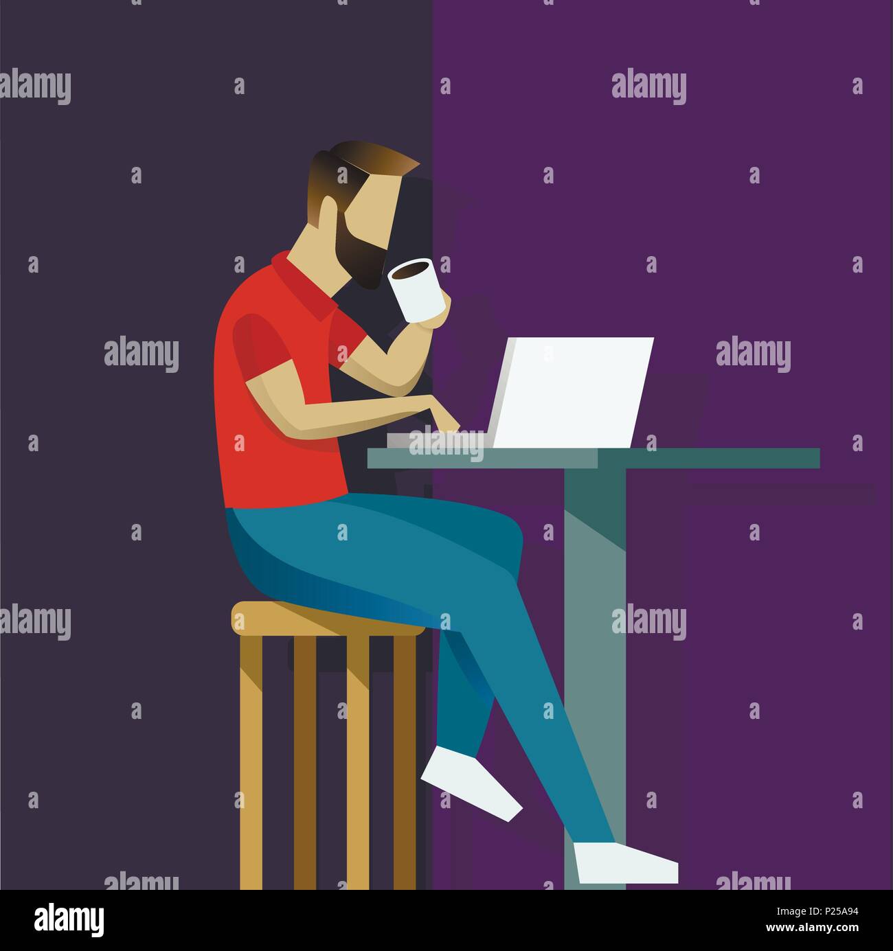 Vector illustration dans télévision style avec business man caractère - guy assis au bureau avec ordinateur portable - start up, freelance et délocaliser le travail concept Illustration de Vecteur