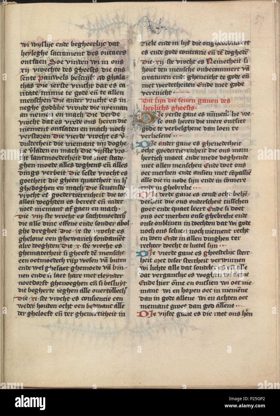 . Textes catéchétiques sur les Dix Commandements, sur les sept sacrements et les sept oeuvres de miséricorde corporelle (extraits de Jan van Ruusbroec (ca. 1293-1381)) . Textes catéchétiques sur les Dix Commandements, sur les sept sacrements et les sept oeuvres de miséricorde corporelle (extraits de Jan van Ruusbroec (ca. 1293-1381)). Ce texte est folium 057r du manuscrit KB 76 E 5 contenant Die Dietsche Doctrinale par Jan van Boendale, Beatrijs, dit es vanden aflate van Rome, die der heimelicheit heimelicheden de Jacob Van Maerlant et autres textes . circa 1374. Jean de Ruysbroeck Banque D'Images
