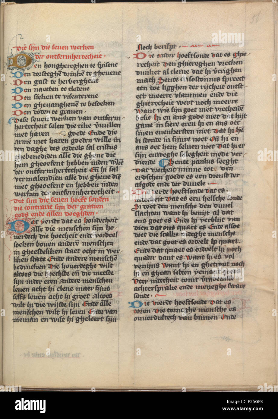 . Textes catéchétiques sur les Dix Commandements, sur les sept sacrements et les sept oeuvres de miséricorde corporelle (extraits de Jan van Ruusbroec (ca. 1293-1381)) . Textes catéchétiques sur les Dix Commandements, sur les sept sacrements et les sept oeuvres de miséricorde corporelle (extraits de Jan van Ruusbroec (ca. 1293-1381)). Ce texte est folium 056r du manuscrit KB 76 E 5 contenant Die Dietsche Doctrinale par Jan van Boendale, Beatrijs, dit es vanden aflate van Rome, die der heimelicheit heimelicheden de Jacob Van Maerlant et autres textes . circa 1374. Jean de Ruysbroeck Banque D'Images