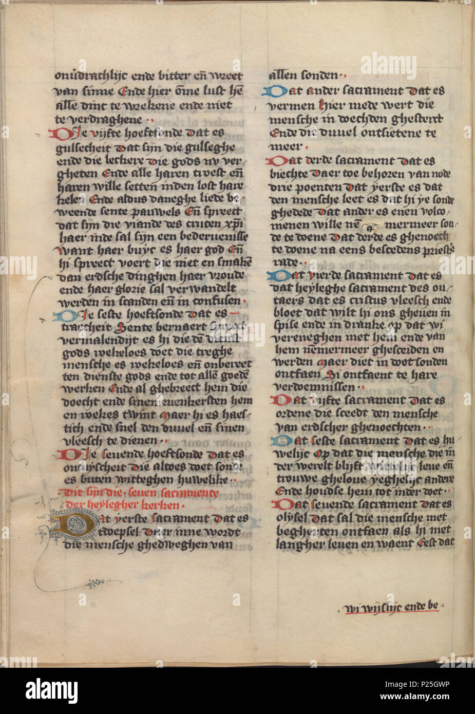 . Textes catéchétiques sur les Dix Commandements, sur les sept sacrements et les sept oeuvres de miséricorde corporelle (extraits de Jan van Ruusbroec (ca. 1293-1381)) . Textes catéchétiques sur les Dix Commandements, sur les sept sacrements et les sept oeuvres de miséricorde corporelle (extraits de Jan van Ruusbroec (ca. 1293-1381)). Ce texte est folium 056v de l'article KB 76 E 5 contenant Die Dietsche Doctrinale par Jan van Boendale, Beatrijs, dit es vanden aflate van Rome, die der heimelicheit heimelicheden de Jacob Van Maerlant et autres textes . circa 1374. Jean de Ruysbroeck Banque D'Images