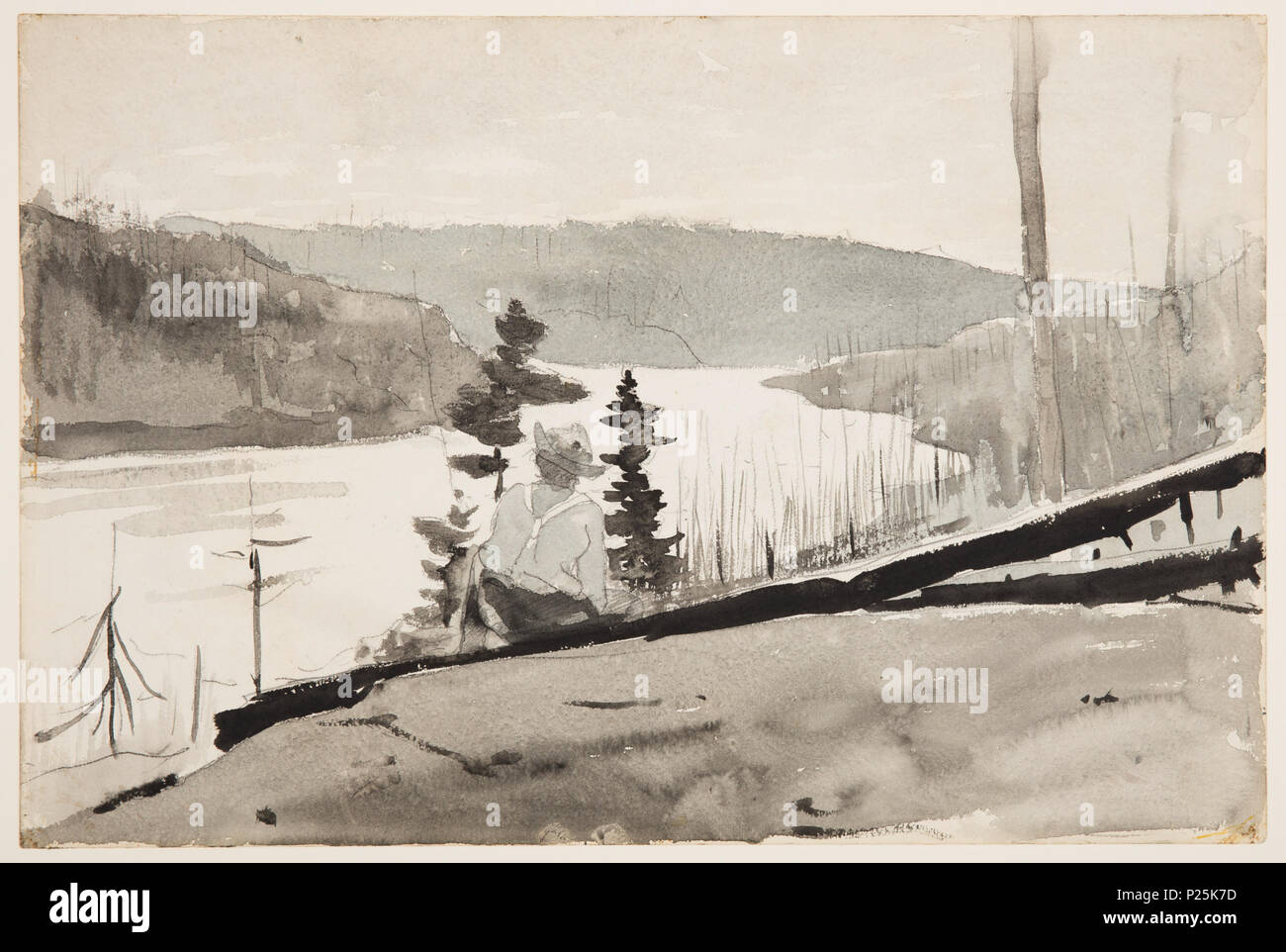 . Anglais : Dessin, rivière ou lac de montagne, ca. 1895 . Anglais : Recto : vue horizontale d'une colline en pente avec l'homme, vu de dos, assis sur deux troncs de pins morts et aussi encadré par deux pins vivent dans le centre premier plan, avant qu'un vista rempli par une rivière de montagne (ou le lac) entouré de collines couvertes d'arbres brûlés. Verso : Des taches de couleurs différentes. . Vers 1895 106 Dessin, rivière ou lac de montagne, ca. 1895 (CH) 18178219 Banque D'Images