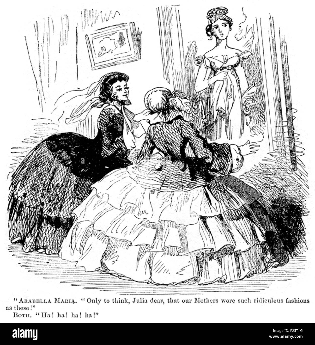 . Un dessin animé satirique du 11 Juillet 1857 Question de Harper's Weekly (New York), sur la différence entre les styles de vêtements de style Régence le début des années 1800 et la mode victorienne de l'époque : deux jeunes filles ou jeunes femmes de 1857 (portant des crinolines complète) de l'affichage d'une peinture d'une femme au début du xixe siècle, le néo-Grecian tenue. Légende : ARABELLA MARIA : 'Qu'à penser, Julia chers, que nos mères portaient des vêtements ridicules tels que ces !' à la fois : "Ha ! Ha ! Ha ! Ha !' (En fait, il aurait probablement été plus que leurs grands-mères...) . 11 juillet 1857. pas de 1857 2 1857 Artiste-régence-fashion-breakfast crino Banque D'Images