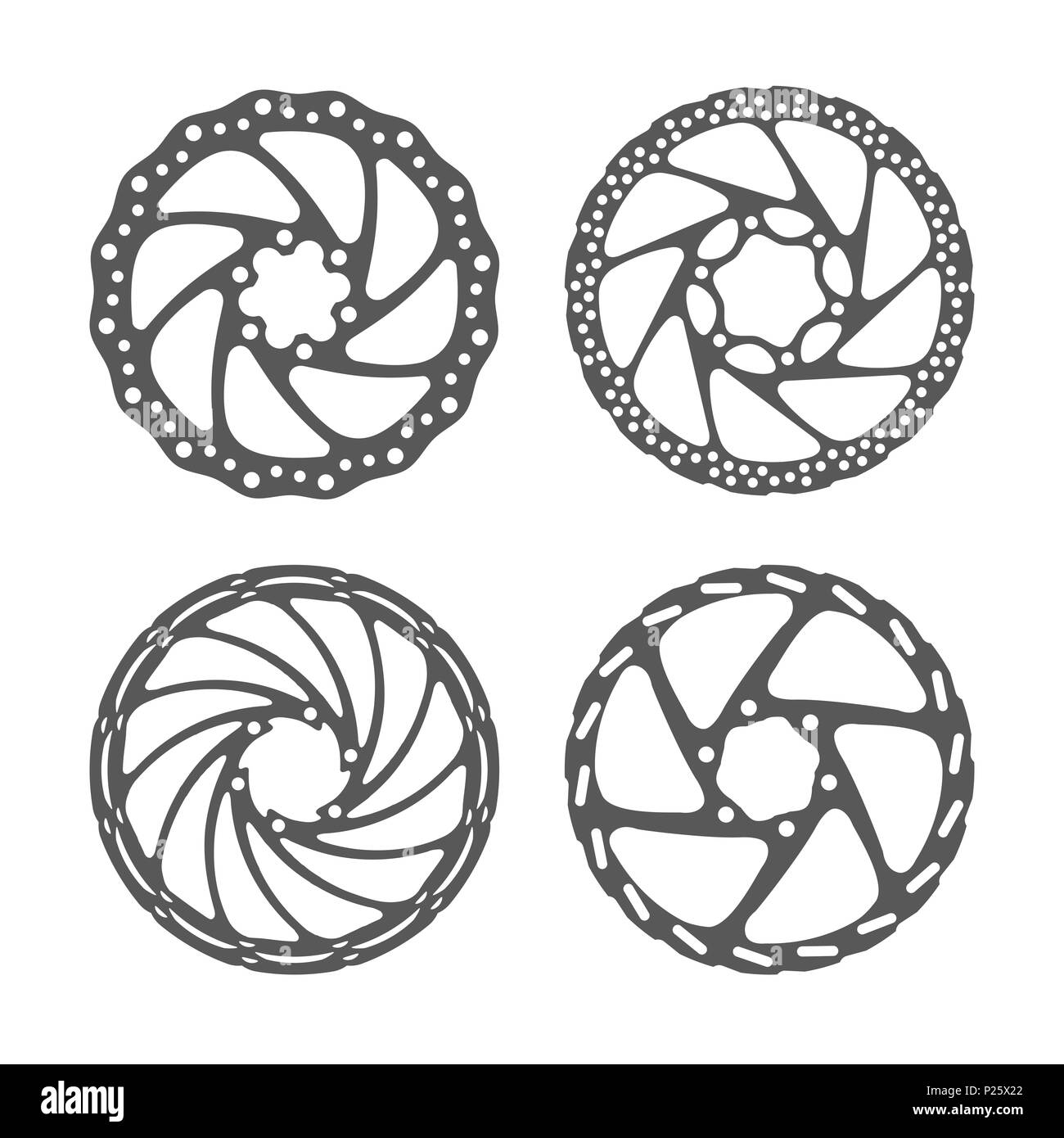 Location Ensemble de frein à disque. Rotors de frein à disque vtt de formes différentes. Illustration réaliste. Pièces détachées vélo série. Banque D'Images