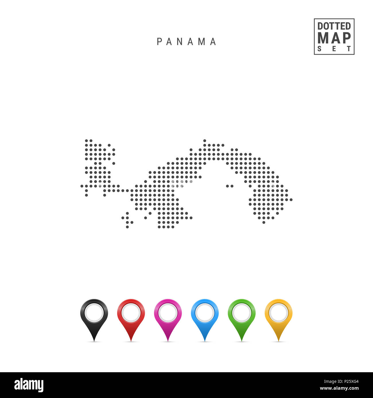 Carte de Panama en pointillés. Silhouette simple du Panama. Le drapeau national du Panama. Ensemble de marqueurs de la carte multicolore. Illustration isolé sur blanc Zone Banque D'Images