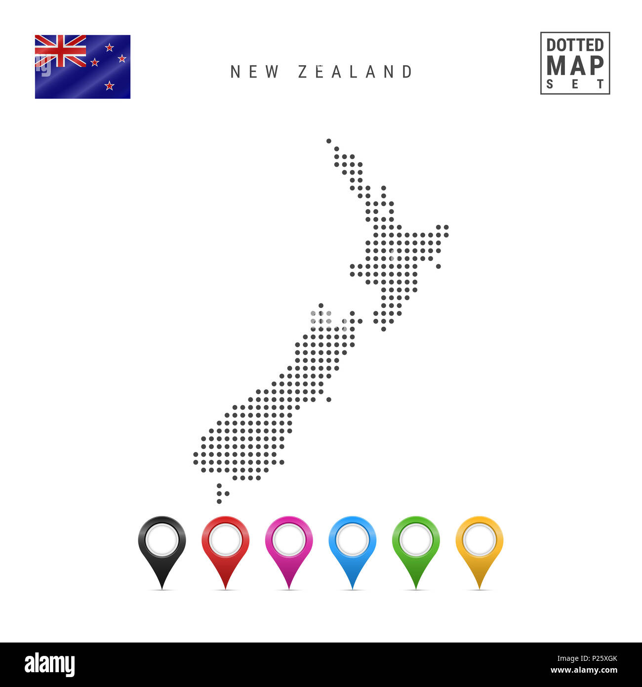 La carte à points de la Nouvelle-Zélande. Silhouette simple de la Nouvelle-Zélande. Le drapeau national de la Nouvelle-Zélande. Ensemble de marqueurs de la carte multicolore. Illustration isolé Banque D'Images