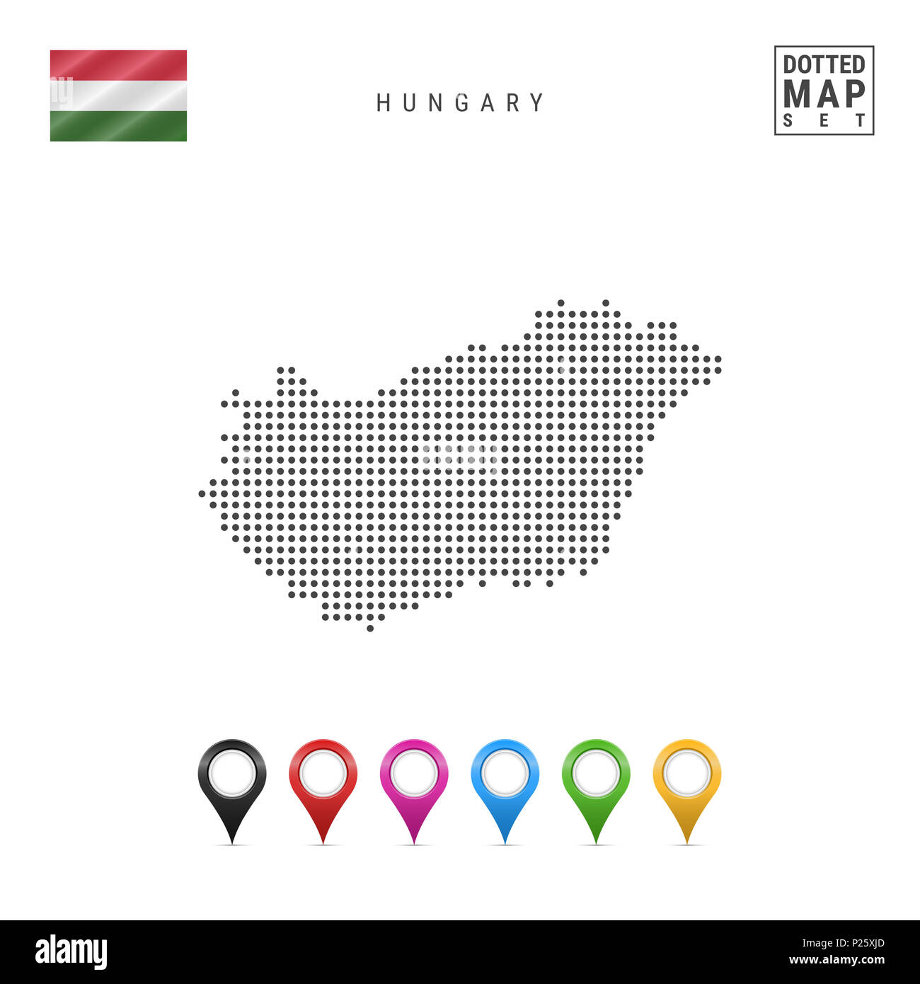 La carte à points de Hongrie. Silhouette simple de la Hongrie. Le drapeau national de la Hongrie. Ensemble de marqueurs de la carte multicolore. Illustration isolé sur blanc Bac Banque D'Images