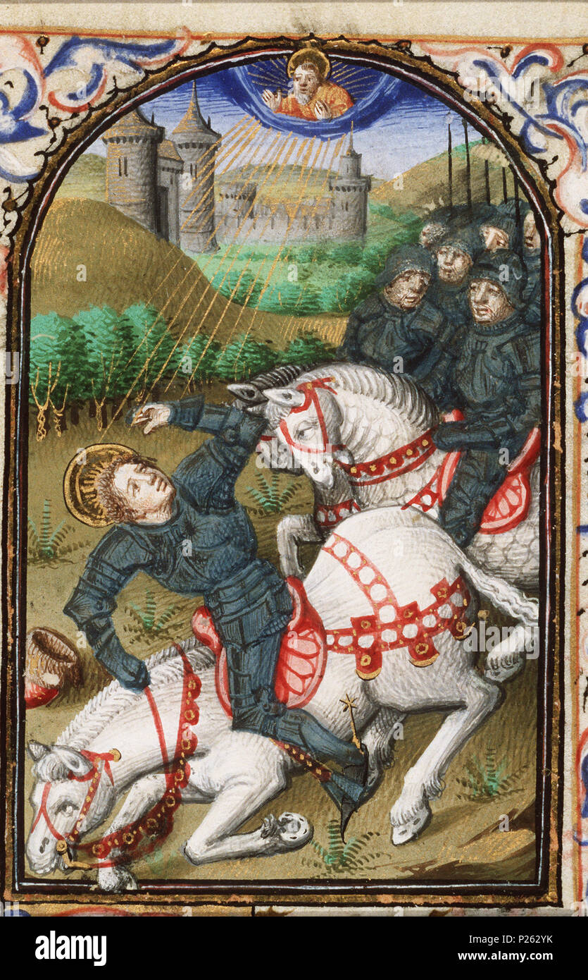 La Conversion De Saint Paul Sur Le Chemin De Damas La conversion de saint Paul - sur le chemin de Damas, le Christ apparaît à  Saul, qui tombe de son cheval, est aveuglé par la lumière - miniature du  folio 003vfrom