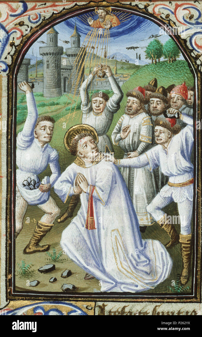 . Le Martyre de saint Etienne - il est lapidé à mort - miniature du folio 009rfrom le livre d'heures de Simon de varie - KB 74 G37a . Le Martyre de saint Etienne - il est lapidé à mort - miniature du folio 009r du livre d'heures de Simon de varie - KB 74 G37a sujets représentés dans cette miniature de Dieu le Père en tant que vieil homme barbu, habituellement avec couronne ou tiara ou sceptre et/ou globe (11C23) la lapidation d'Etienne ; les témoins déposent leurs vêtements à pieds de Saül ( + Dieu le père) (73F3563( +11)) Cette miniature fait partie de folio 009r . 1455 304 Le Martyre de saint Etienne - il est Banque D'Images