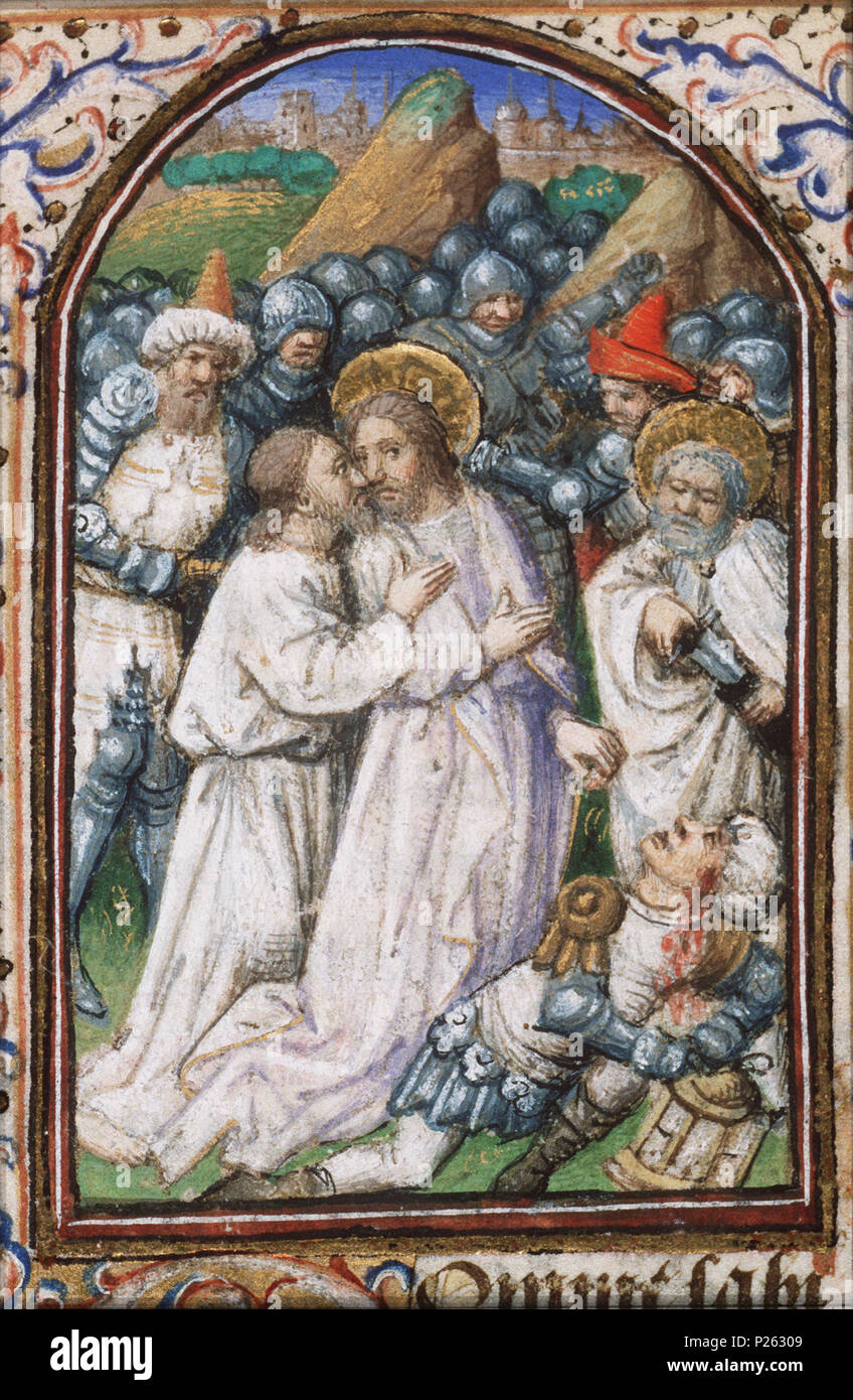 . L'arrestation du Christ - le baiser de Judas ; l'oreille de Malchus coupé par St Peter - miniature du folio 020rfrom le livre d'heures de Simon de varie - KB 74 G37a . L'arrestation du Christ - le baiser de Judas ; l'oreille de Malchus coupé par St Peter - miniature du folio 020r du livre d'heures de Simon de varie - KB 74 G37a sujets représentés dans cette miniature le baiser de Judas : accompagné par des soldats avec des torches et des lanternes, il embrasse le christ (73D313) Malchus est guéri par Christ (73D3142) Cette miniature fait partie de folio 020r . 1455 304 l'Arrestation du Christ - le baiser de Judas ; l'oreille Banque D'Images