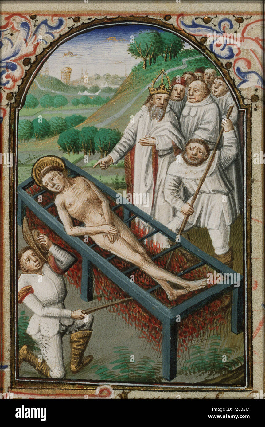 . Le Martyre de saint Laurent de Rome - il est rôti sur un gril - miniature du folio 073vfrom le livre d'heures de Simon de varie - KB 74 G37 . Le Martyre de saint Laurent de Rome - il est rôti sur un gril - miniature du folio 073v du livre d'heures de Simon de varie - KB 74 G37 sujets représentés dans cette miniature de Saint-Laurent est rôti sur un gril (11H(LAURENCE)62) La mort violente par brûlure sur le gril (31E231211) les instruments de torture, l'exécution ou la punition : gridiron (44G321(GRIDIRON)) Cette miniature fait partie de folio 073v . 1455 304 Le Martyre de saint Lauren Banque D'Images