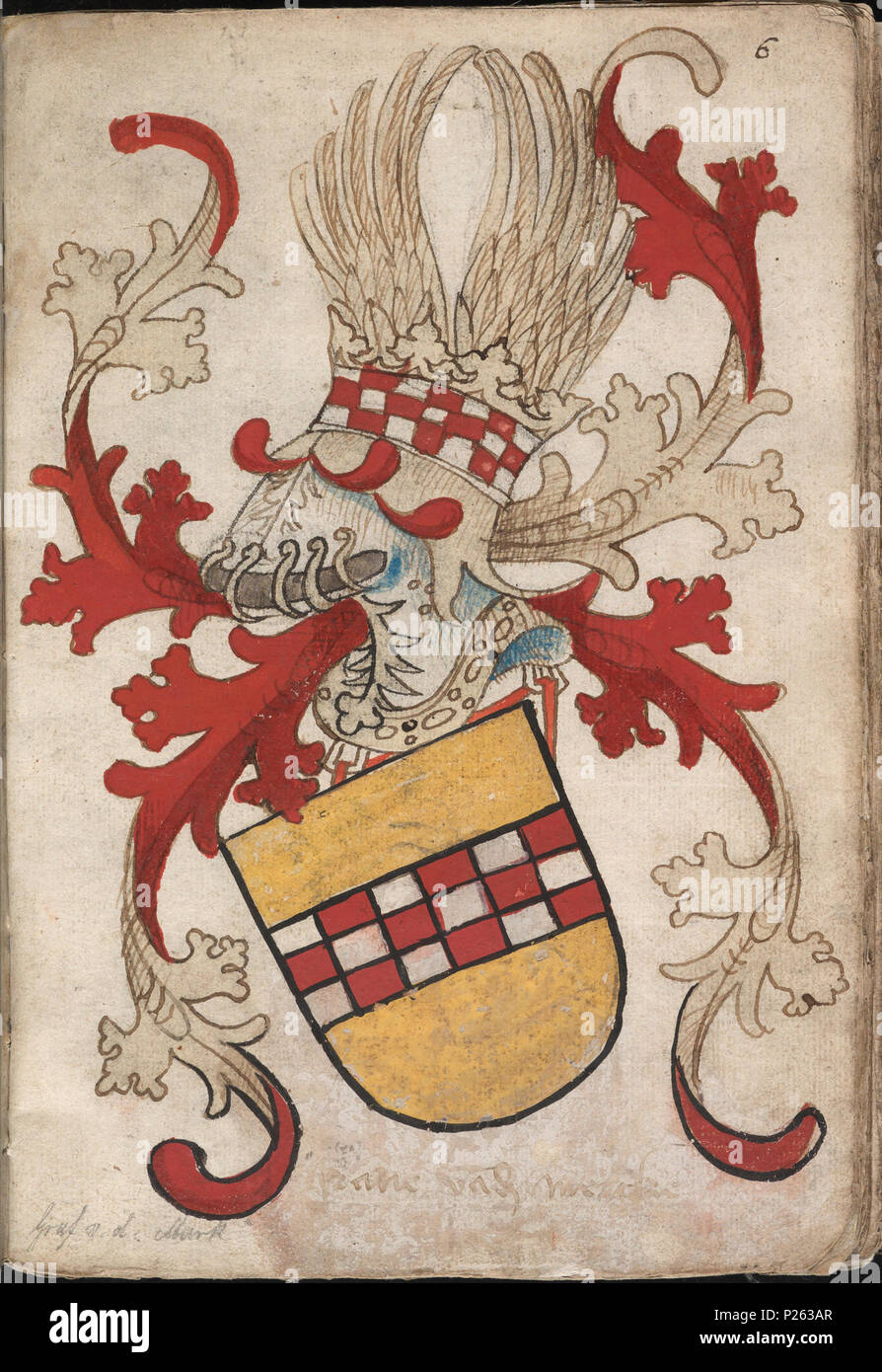. Nederlands : Graue vander Mercke - Graaf van der Mark - Folium 06r van het Wapenboek Nassau-Vianden uit de collectie van de Koninklijke Bibliotheek. Anglais : Graue vander Mercke - Comte van der Mark - Folium 06r de l'armorial Nassau-Vianden à partir de la collection de la Bibliothèque Nationale des Pays-Bas. . Nederlands : De overgrootvader van Engelbrecht II, Johan je van Nassau-Dillenburg (ca. 1340-1406), a été rencontré getrouwd Margaretha van der Mark (ca. 1340-1404), Adolf II dochter van Graaf van der Mark (overleden en 1348) [zie ook fol. 7r]. De potloodaantekening onderin est in het duits. Waars Banque D'Images