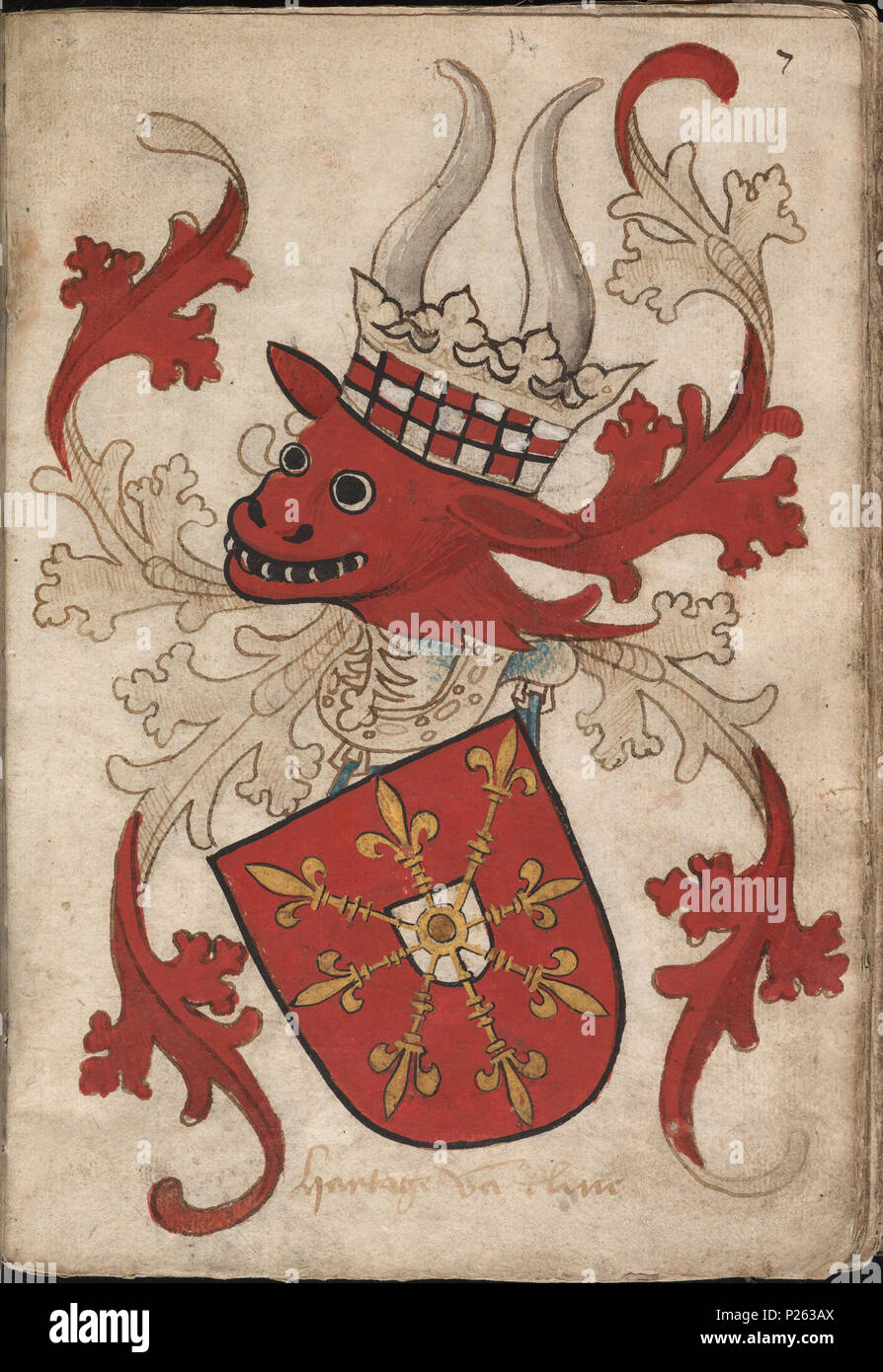. Nederlands : Hartoge van Cleue - Hertog van Kleef - Folium 07r van het Wapenboek Nassau-Vianden uit de collectie van de Koninklijke Bibliotheek. Anglais : Hartoge van Cleue - le duc de Clèves - Folium 07r de l'armorial Nassau-Vianden à partir de la collection de la Bibliothèque Nationale des Pays-Bas. . Nederlands : Adolf II Graaf van der Mark (overleden en 1348) [zie fol. 6r] verwierf het graafschap Kleef zijn porte huwelijk rencontré Margaretha van Kleef (overleden en 1347), dochter van Dirk VII Graaf van Kleef (1291-1347) fr Margaretha van Ziekenhuis Velp (1297-1333) [zie fol. 10r]. Pas en 1417 werd het graaf Banque D'Images