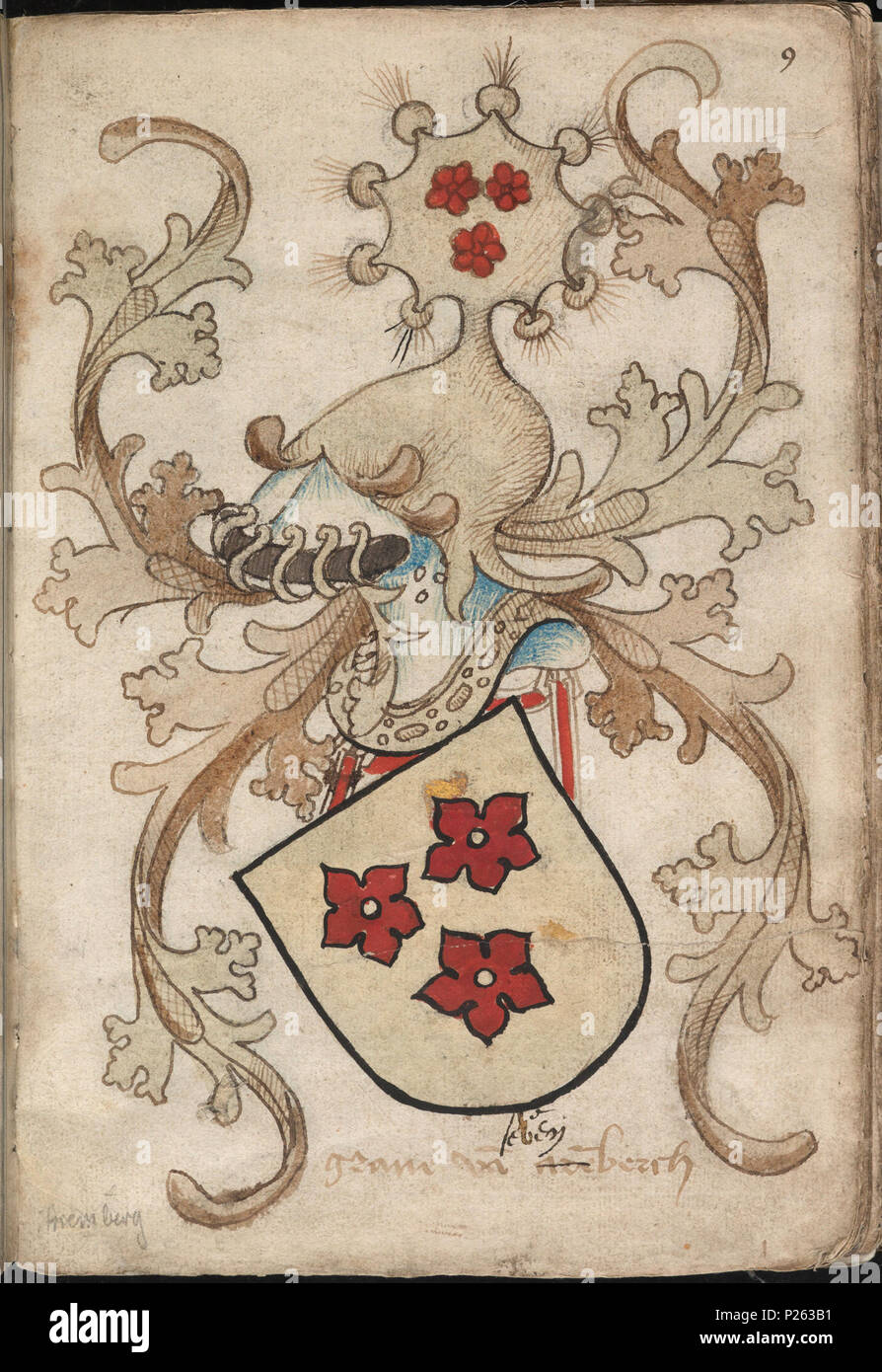 . Nederlands : Graeue van Arenberch - Graaf van Arenberg - Folium 09r van het Wapenboek Nassau-Vianden uit de collectie van de Koninklijke Bibliotheek. Van Graeue Arenberch : anglais - Comte d'Arenberg - Folium 09r de l'armorial Nassau-Vianden à partir de la collection de la Bibliothèque Nationale des Pays-Bas. . Nederlands : De vader van Adolf II Graaf van der Mark (overleden en 1348) [zie fol. 6r], Engelbrecht II Graaf van der Mark (1275-1328), a été rencontré porte zijn huwelijk Mechtild van Arenberg (overleden en 1328) ook Graaf van Arenberg à l'Aremberg (Rheinland-Pfalz). Een zeventiende eeuwse-h Banque D'Images