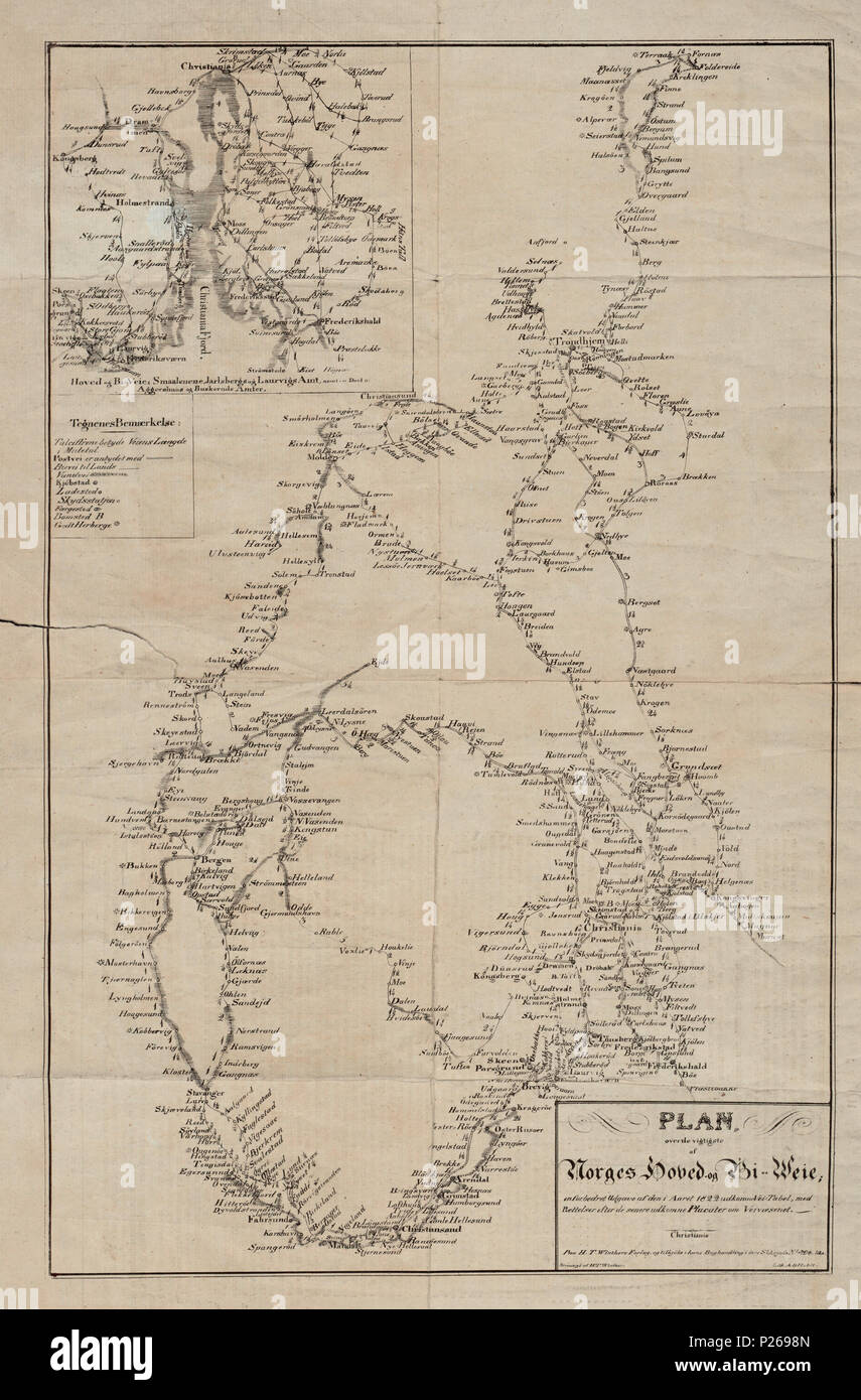 . Norsk bokmål : Nasjonalbibliotekets kartsamling de Kart. Kartet er gitt ut i Christiania (1826) og'Norge, veier, veikart. avant 1826. 226 inconnu sur Plan de vigtigste af Norges Hoved- og Bi-Weie - pas-nb krt 00623 Banque D'Images