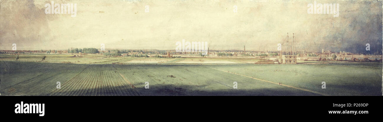 . Anglais : Aquarelle de droit par Robert Westall, peint en 1848, des champs de Battersea à Londres, Royaume-Uni. Cette opinion semble être de la région connue sous le nom de Lavender Hill, et montre les terres agricoles ouvertes et (peut-être) la culture de la lavande qui existait ici avant l'ère industrielle. Le Royal Hospital Chelsea et (au premier plan) Station de pompage Battersea (qui a été construit auparavant 8 ans en 1840) sont tous deux visibles. Cela a été peint peu avant de chemins de fer ont été mis au point et la zone est devenue largement urbanisée. La date et l'artiste sont connues, mais le titre original de la peinture Banque D'Images