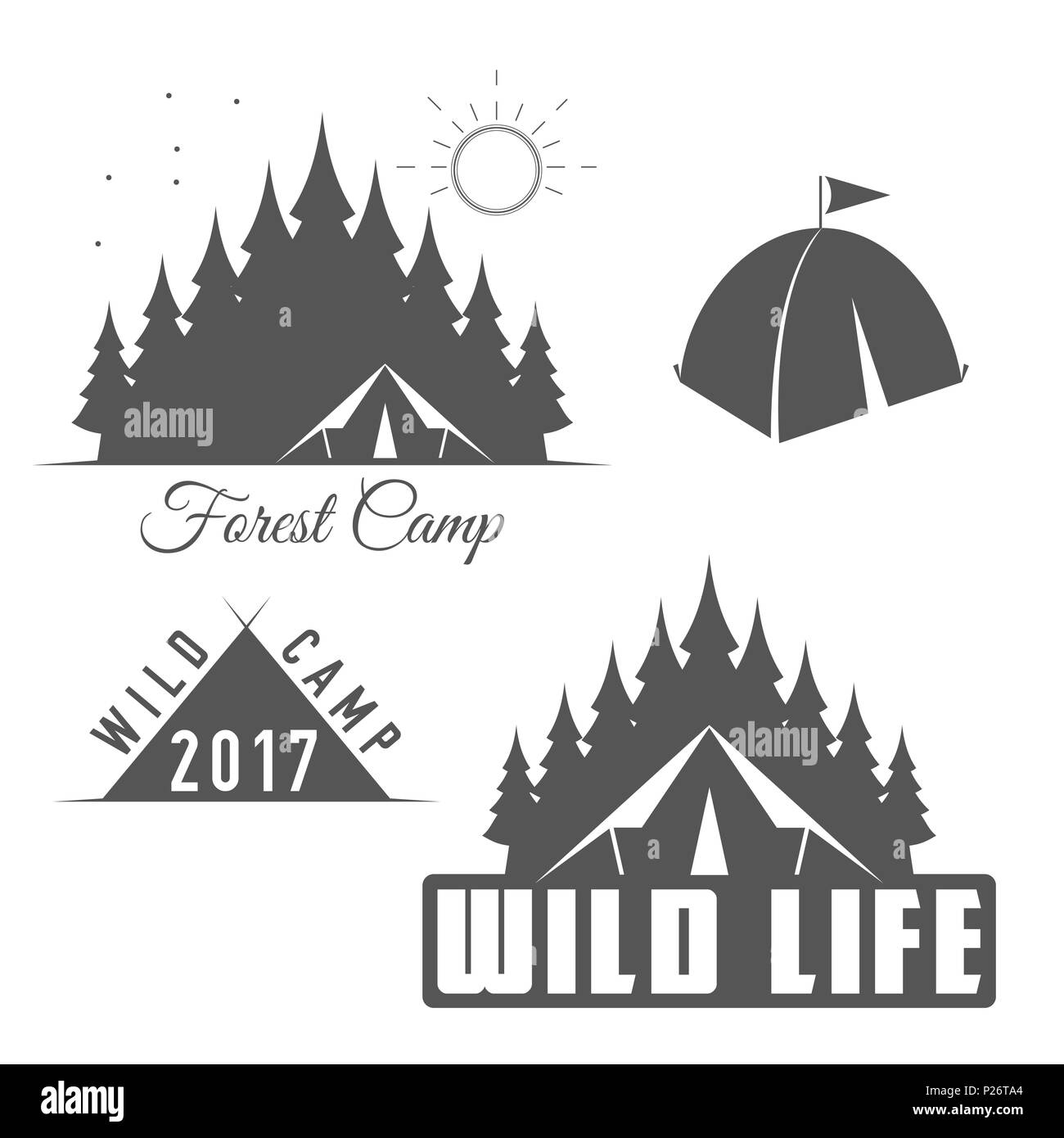 Wild Life - Forest Camp Scout - emblème du Club en noir et blanc de style. Banque D'Images