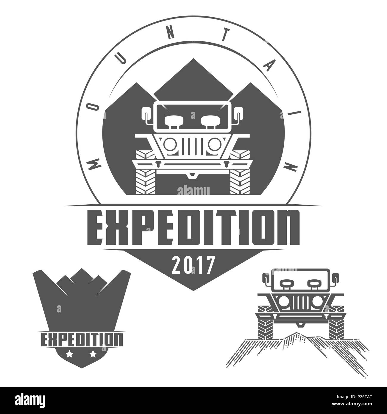 Des excursions en Jeep Safari Expedition emblème - Icône - Imprimer - Set de Badge en noir et blanc Vintage Style. Concept pour chemise ou l'étiquette, de timbres ou de pièce en t. Banque D'Images