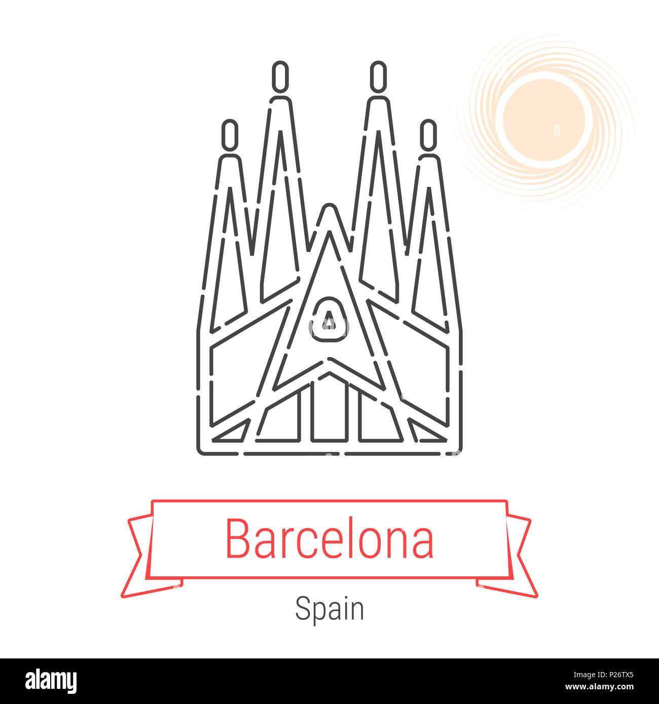 L'icône de la ligne Barcelone, Espagne avec ruban rouge isolé sur blanc. Monument de Barcelone - Emblème - Imprimer - Label - Symbole. Sagrada Familia pictogramme. C Monde Banque D'Images