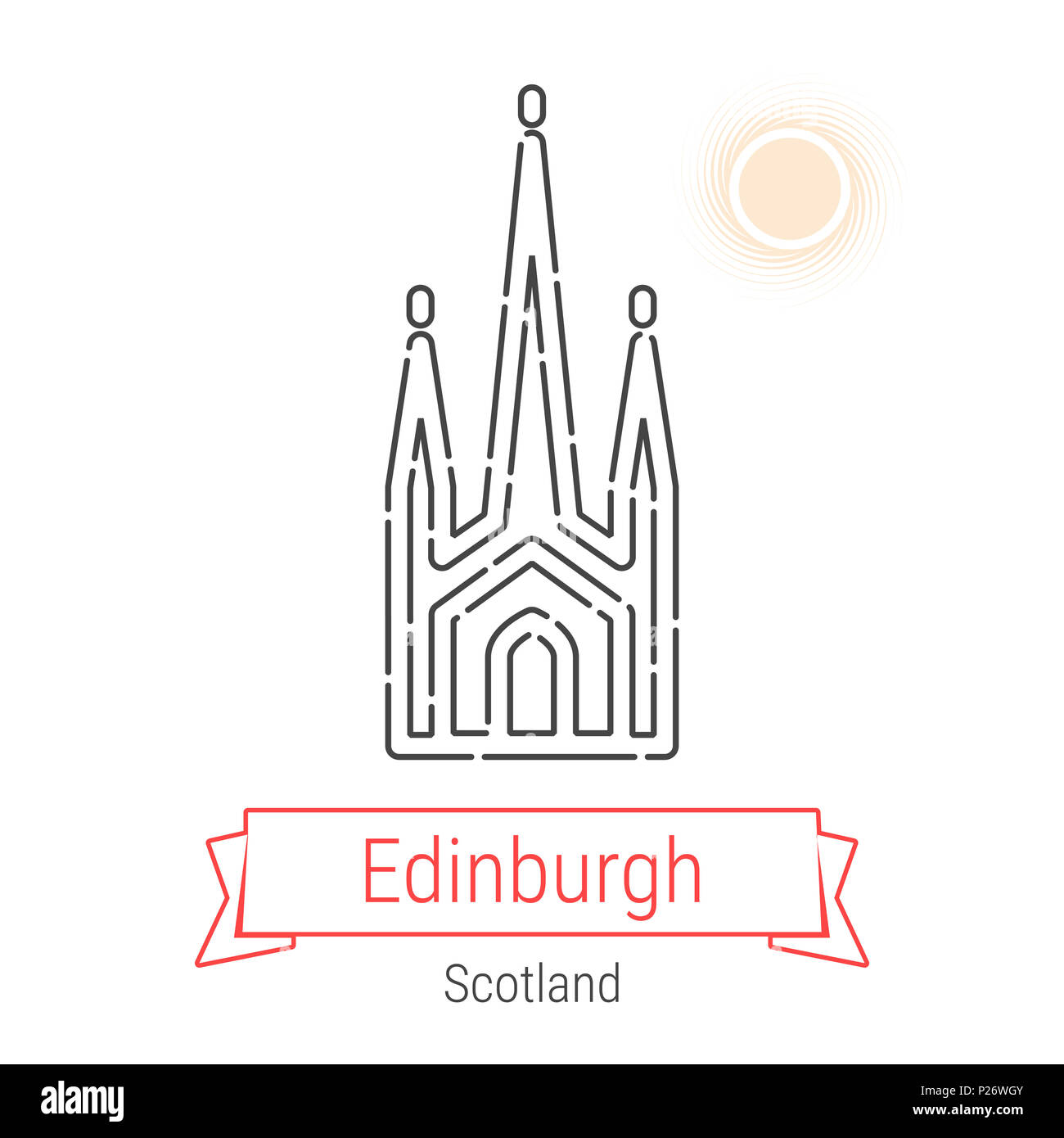 L'icône de la ligne d'Édimbourg (Écosse) avec ruban rouge isolé sur blanc. Vue d'Édimbourg - Emblème - Imprimer - Label - Symbole. Scott Monument Édimbourg Pictog Banque D'Images