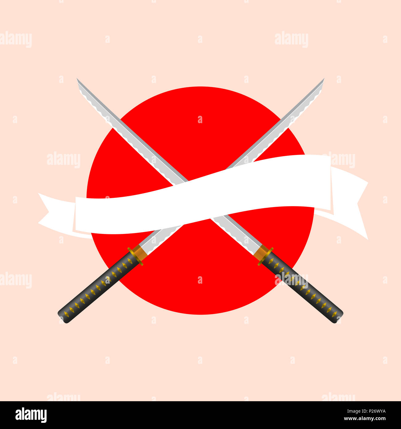 Katana japonais le fer avec ruban blanc sur le drapeau japonais. Épée samouraï emblème. L