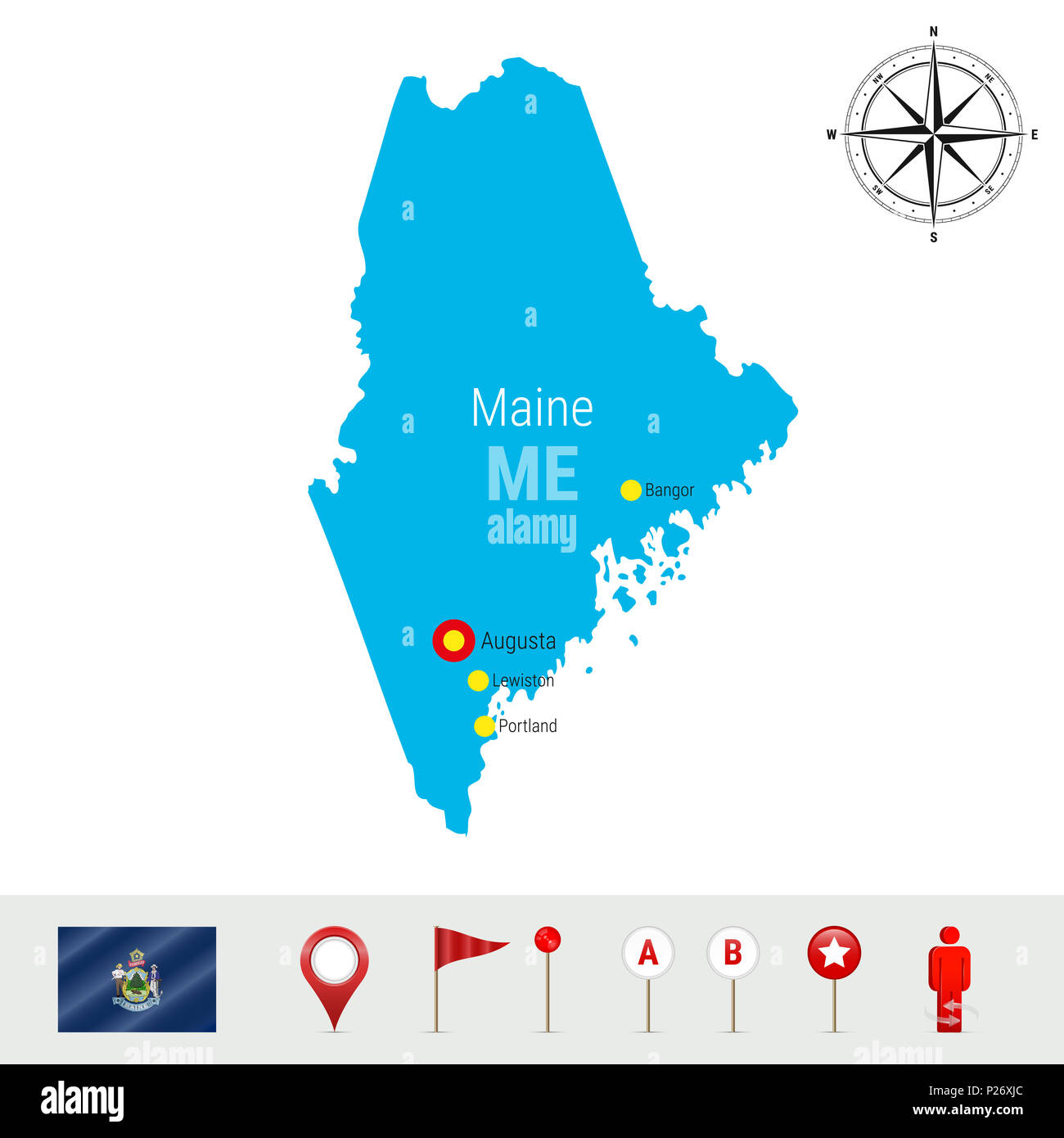 Maine site isolé sur fond blanc. Silhouette très détaillés de l'État du Maine. Drapeau de l'État du Maine. Les marqueurs de carte 3D ou les pointeurs, éléments de navigation. Rose Banque D'Images