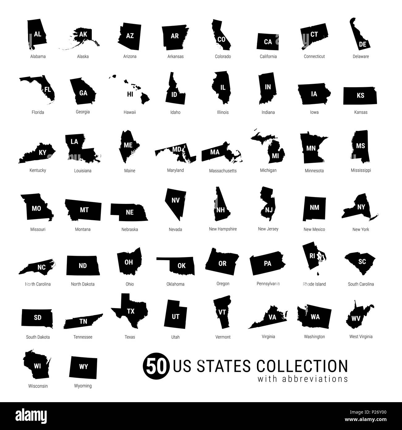 50-nous Membres Collection. High-Detailed silhouette noire des cartes de tous les 50 États. États des États-Unis avec des abréviations. Banque D'Images 50-nous Membres Collection. High-Detailed silhouette noire des cartes de tous les 50 États. États des États-Unis avec des abréviations. Banque D'Images